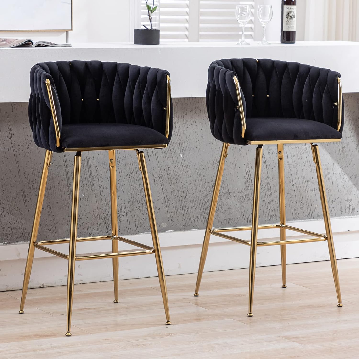 DUOMAY Modern Swivel Bar Stools Set of 2, 26 Counter Height Barstools, Velvet Kitchen Island Counter Bar Chair with Barrel Back for Kitchen Dining Room, Golden Base, Black