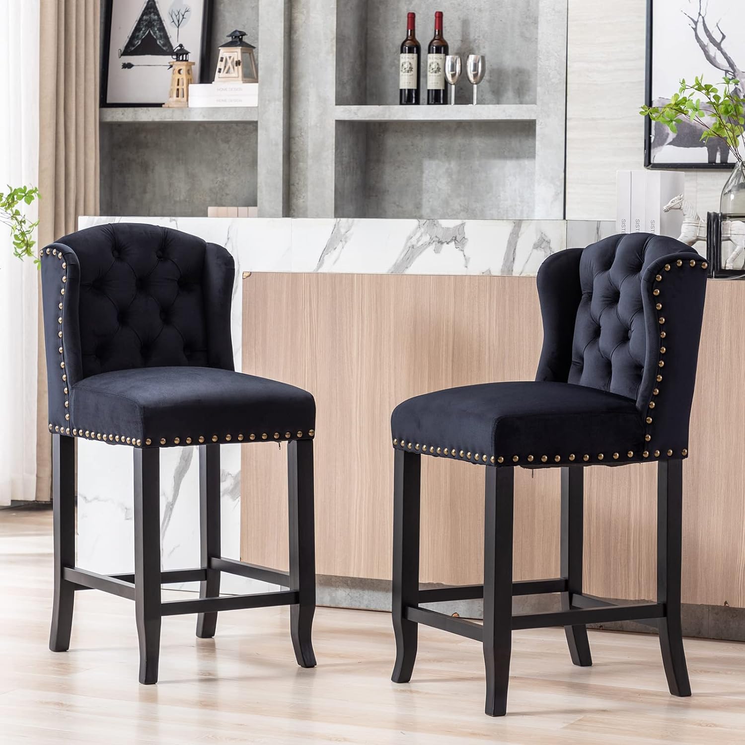 DUOMAY Modern Tufted Bar Stools Set of 2, 26 Counter Height Bar Chairs with Back, Velvet Kitchen Island Chair Barstools with Wood Legs for Dining Room Bar Coffee Shop, Black