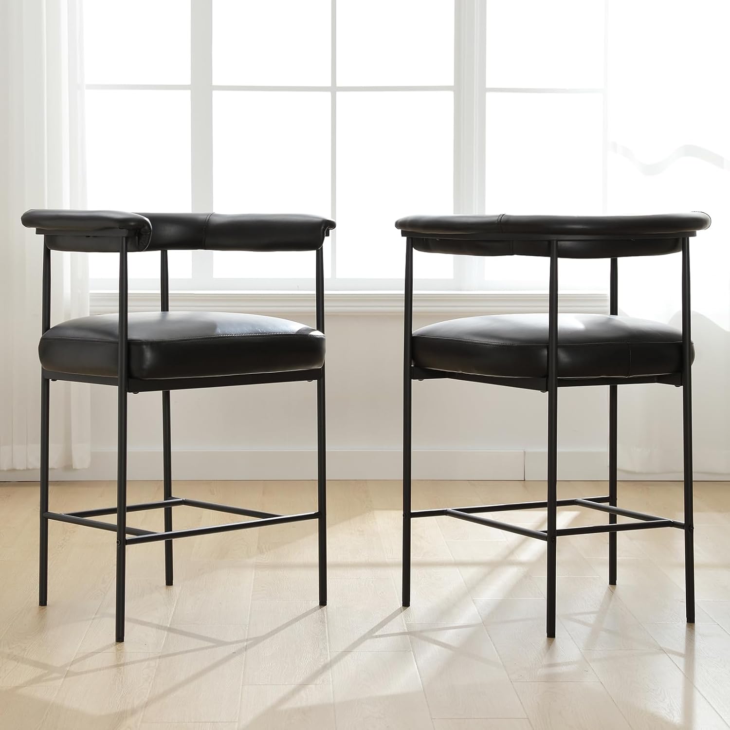 DUOMAY Modern Barrel Bar Stools Set of 2, 26 Counter Height Stools with Arms, Faux Leather Upholstered Barstools Kitchen Island Stools with Black Metal Frame for Kitchen Home Bar Office, Black