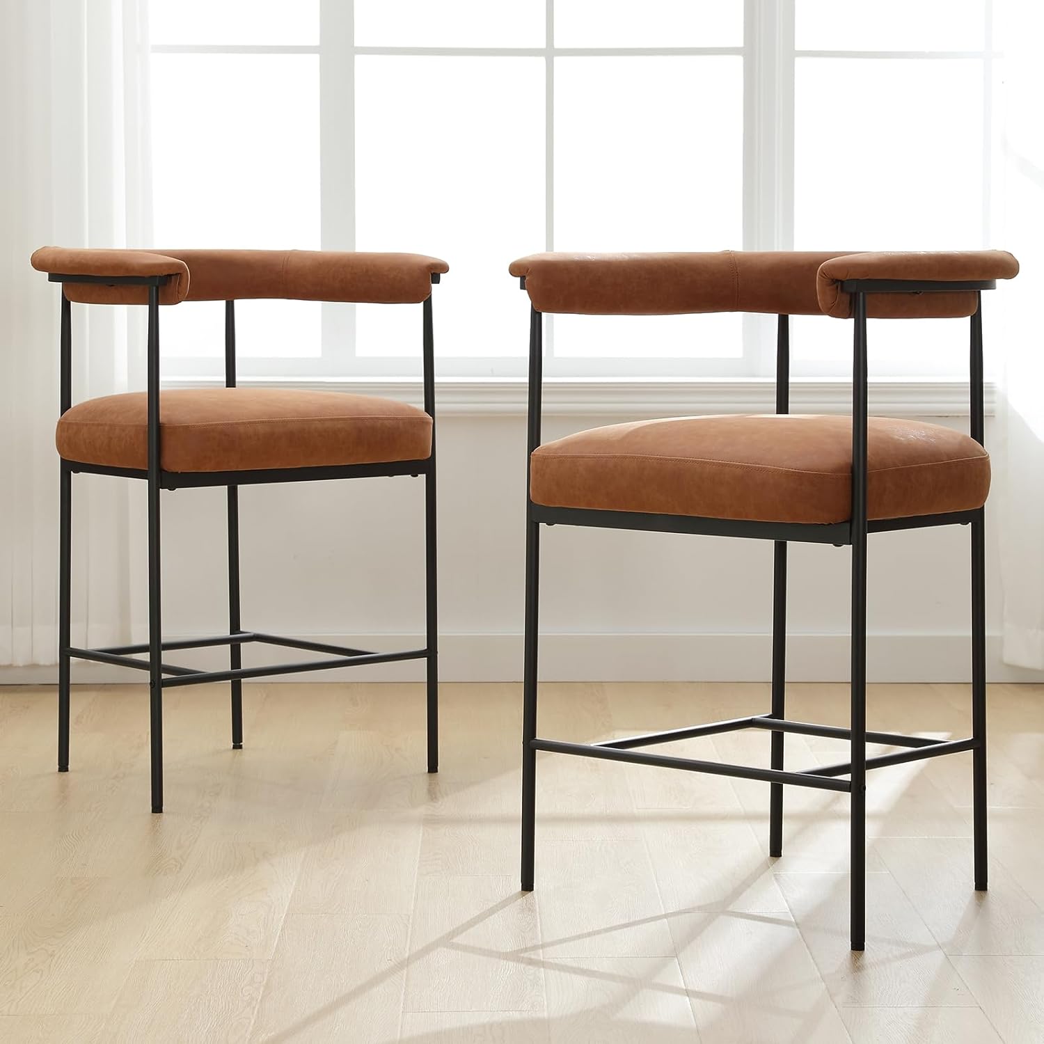 DUOMAY Modern Barrel Bar Stools Set of 2, 26 Counter Height Stools with Arms, Faux Leather Upholstered Barstools Kitchen Island Stools with Black Metal Frame for Kitchen Home Bar Office, Brown