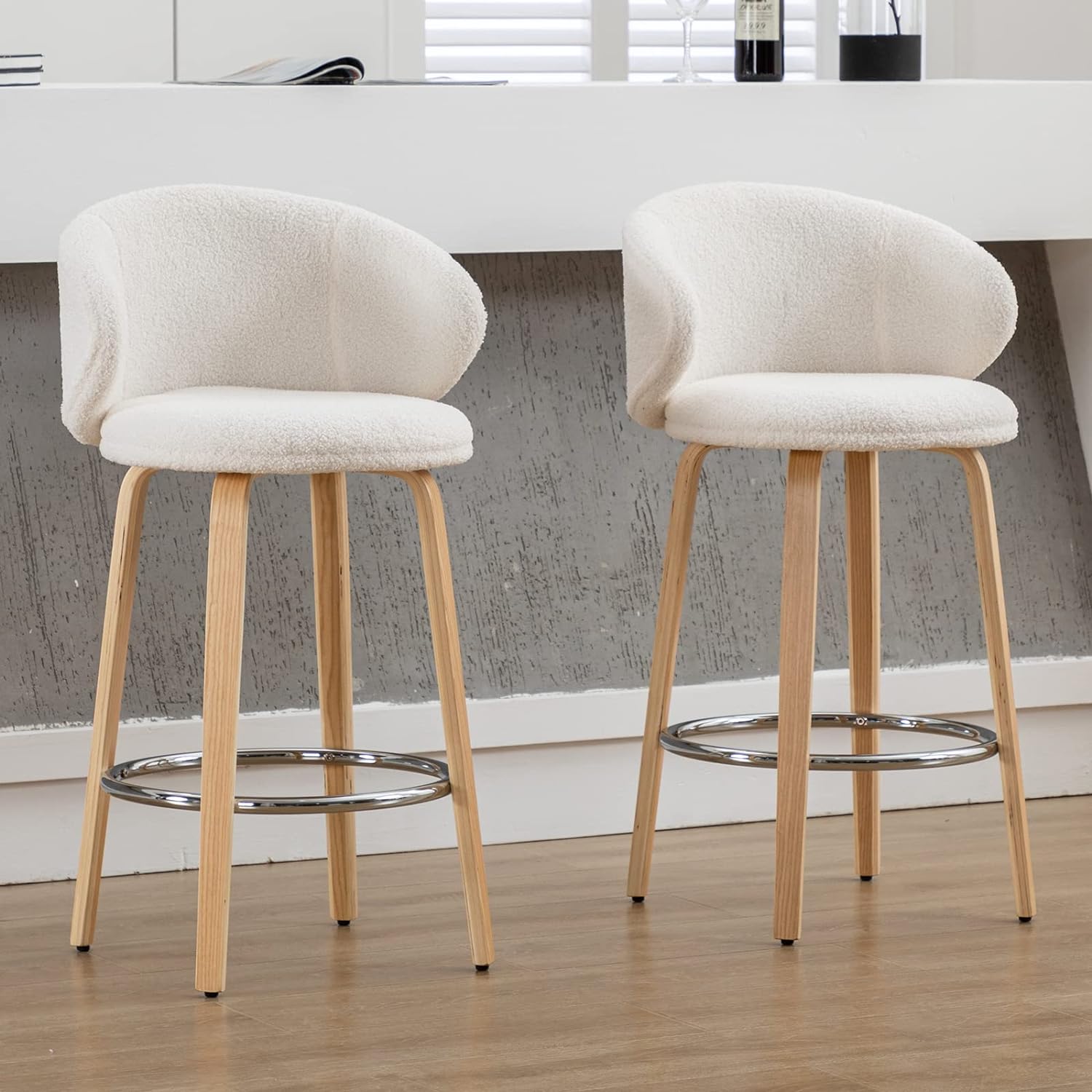 DUOMAY Modern Bar Stools Set of 2, 26 Counter Height Stools with Barrel Back, White Sherpa Kitchen Island Chair with Wood Legs for Dining Room Bar Coffee Shop