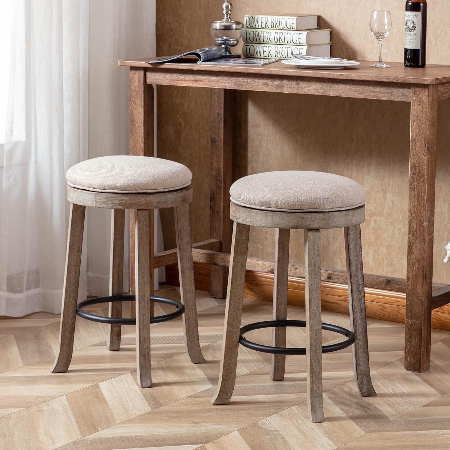 DUOMAY French Vintage Swivel Bar Stools Set of 2, 26 Counter Height Stools, Fabric Armless Barstool with Rubberwood Legs, Farmhouse Kitchen Island Chair for Dining Room Bar Coffee Shop, Beige