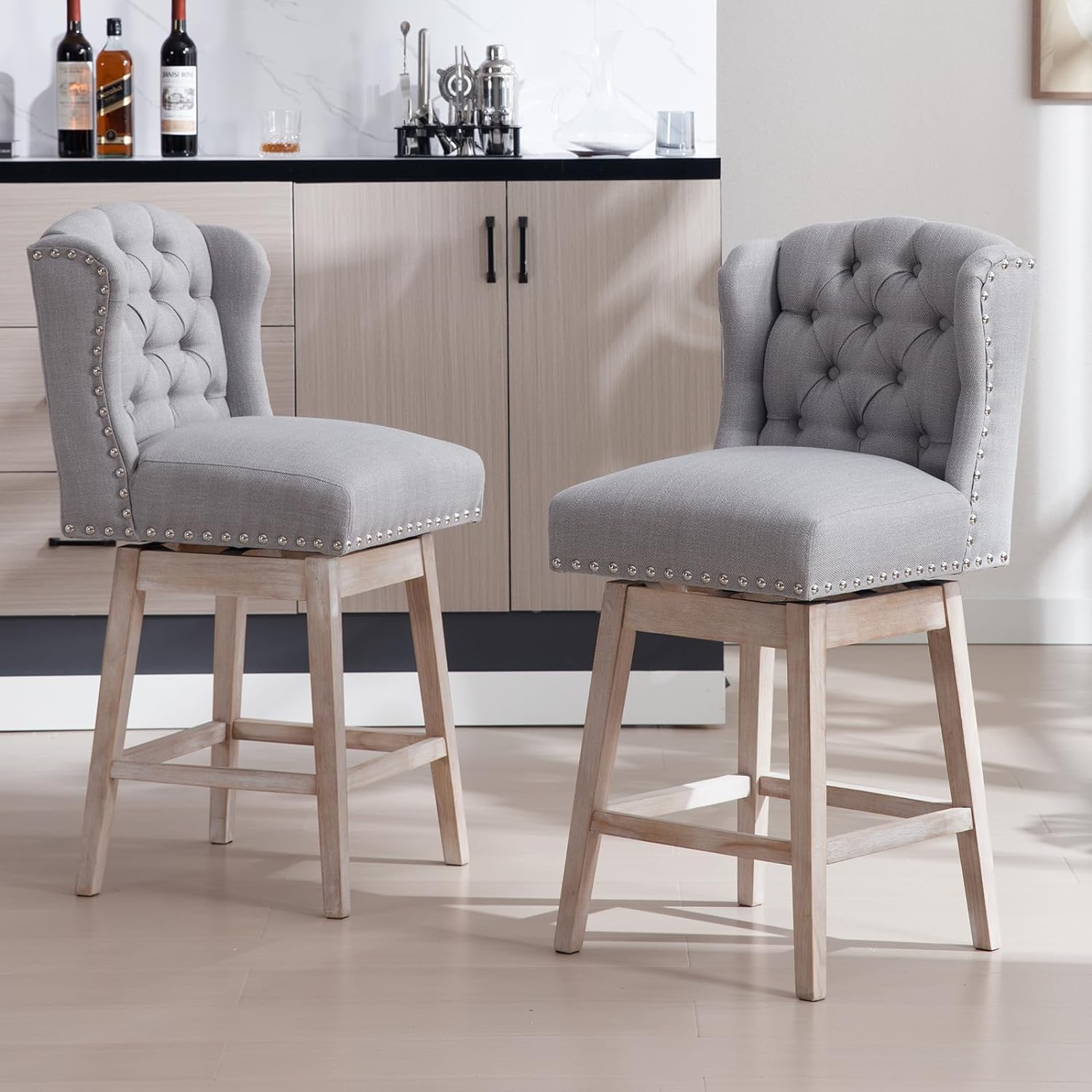 DUOMAY Swivel Tufted Bar Stools Set of 2, 28 Counter Height Bar Chairs with Back,Linen Fabric Kitchen Island Chair Barstools with Wood Legs for Dining Room Bar Coffee Shop, Light Grey