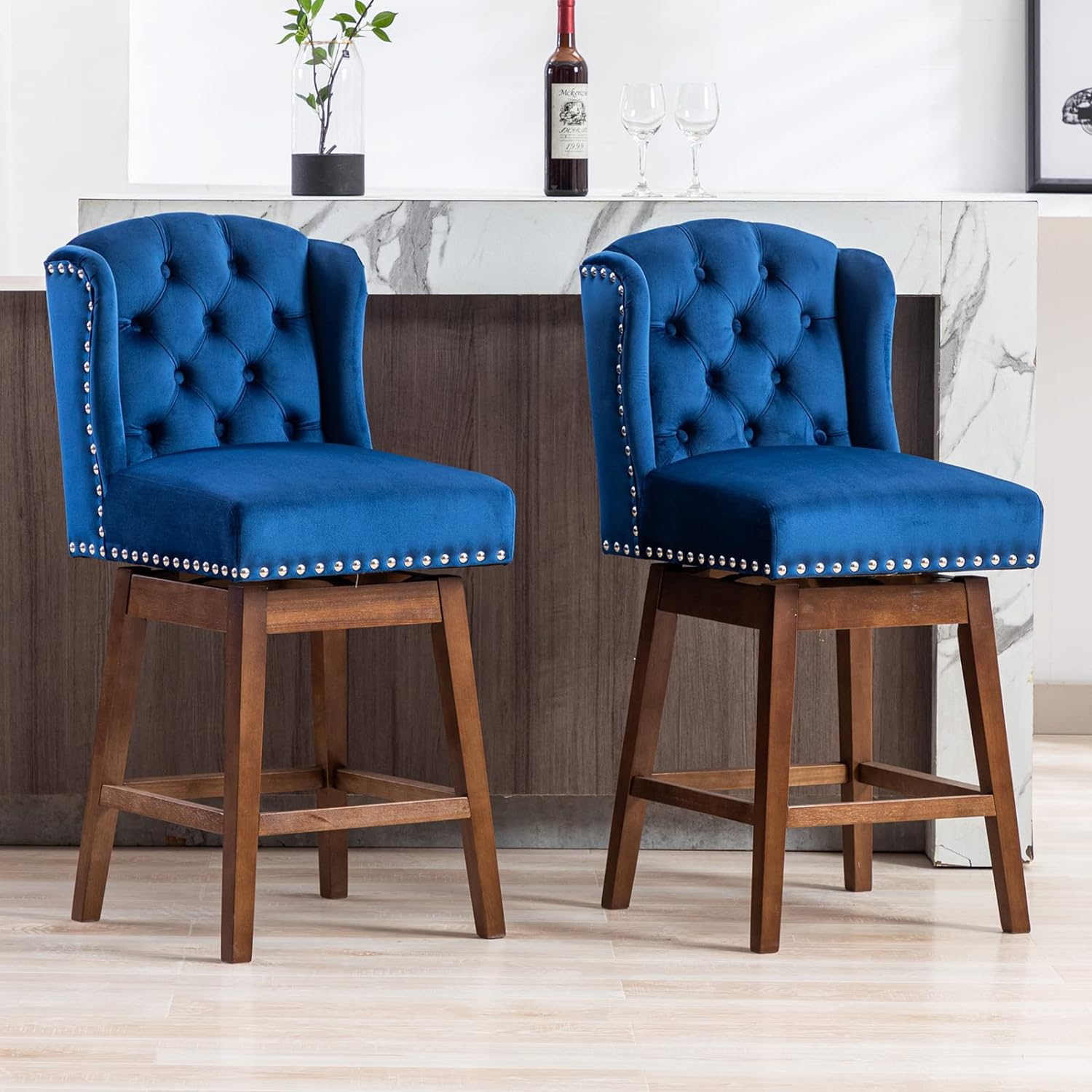 DUOMAY Swivel Tufted Bar Stools Set of 2, 28 Counter Height Bar Chairs with Back,Velvet Kitchen Island Chair Barstools with Wood Legs for Dining Room Bar Coffee Shop, Blue