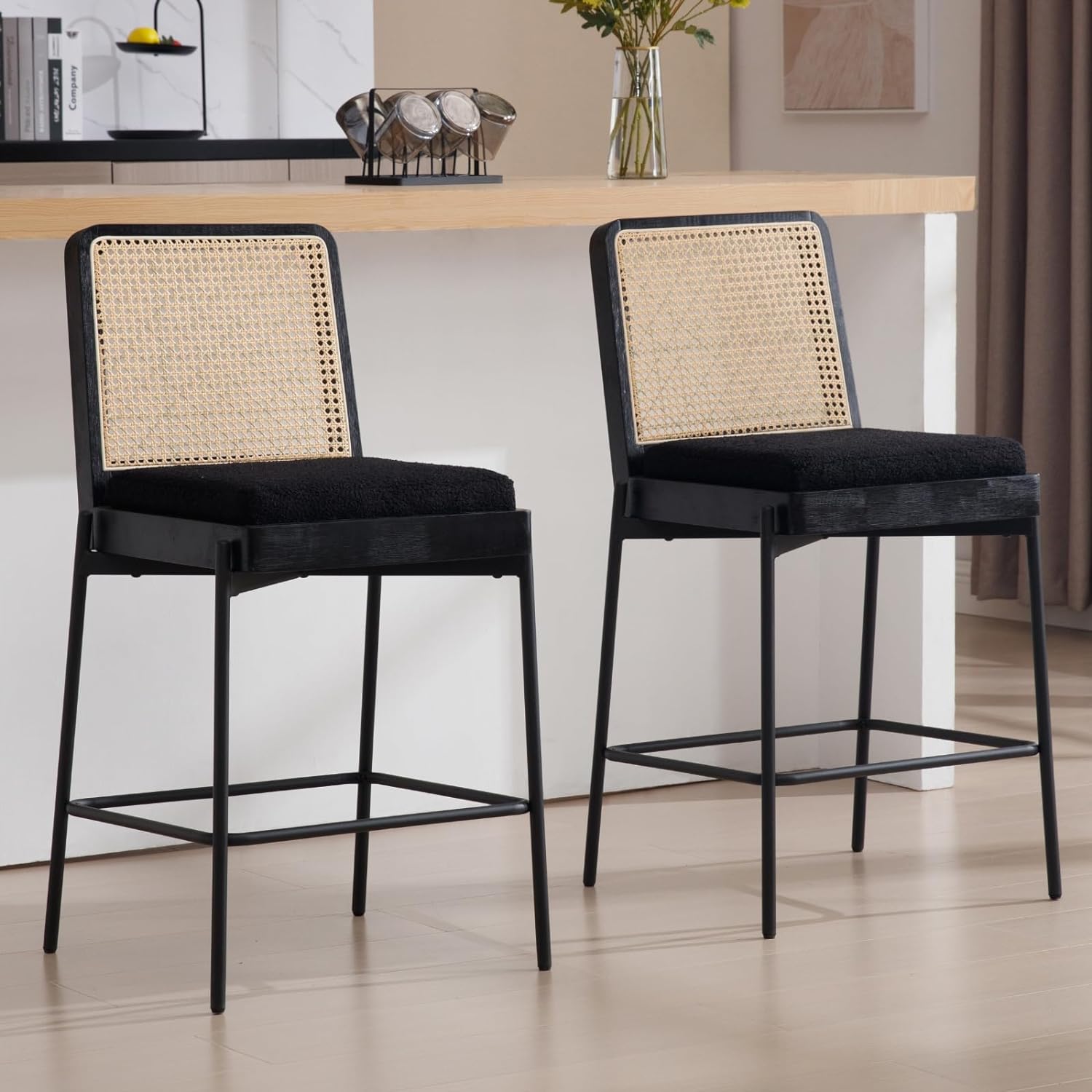 DUOMAY Modern Bar Stools Set of 2, 26 Counter Height Stool with Rattan Back, Sherpa Upholstered Kitchen Island Chair Barstools with Metal Legs for Home Bar Coffee Shop, Black