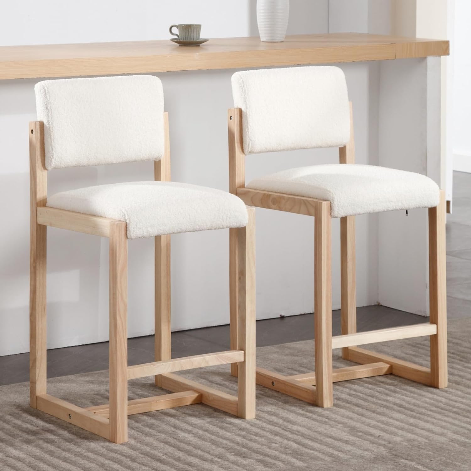 DUOMAY Modern Bar Stools Set of 2, 26 Counter Height Barstools, Sherpa Upholstered Kitchen Island Chair with Wood Legs for Home Bar Coffee Shop, White