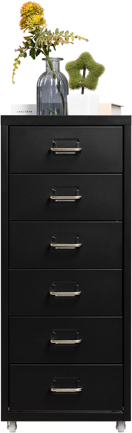 HollyHOME 6 Drawer Mobile Storage Cabinet, Metal Storage Dresser Cabinet with Castor Wheels, Small Organization Chest for Home Office, Easy Assembly Without Screws, Black