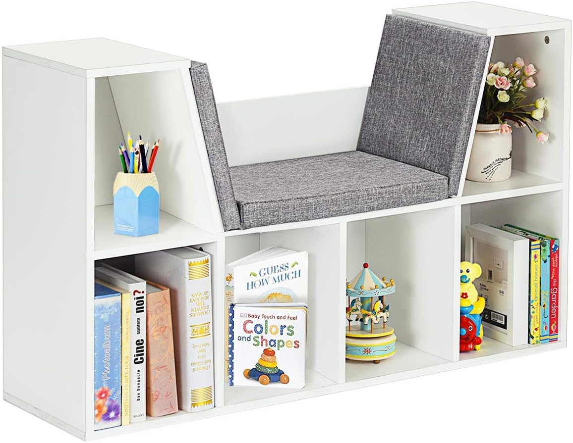 Costzon 6-Cubby Kids Bookcase w/Cushioned Reading Nook, Multi Purpose Storage Organizer Cabinet Shelf with Soft Cushion and Thick Wood Board for Children Girls & Boys Bedroom Decor Room (Modern White)