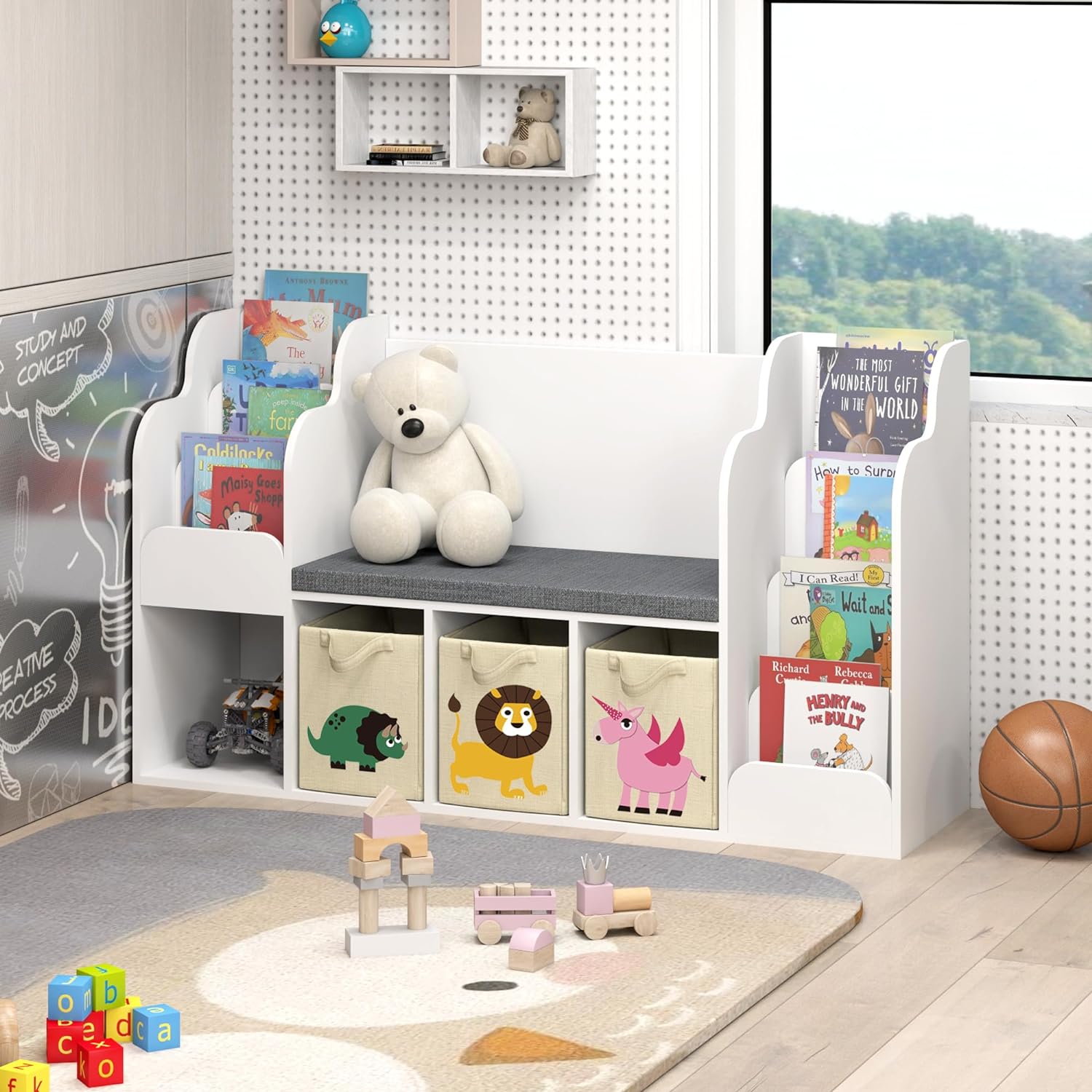 Kids Bookshelf with Reading Nook,Abundant Storage Space,Modern Style and Built to Last,Kids Toy Storage, for Children,Suitable for Playroom,Bedroom and Living Room