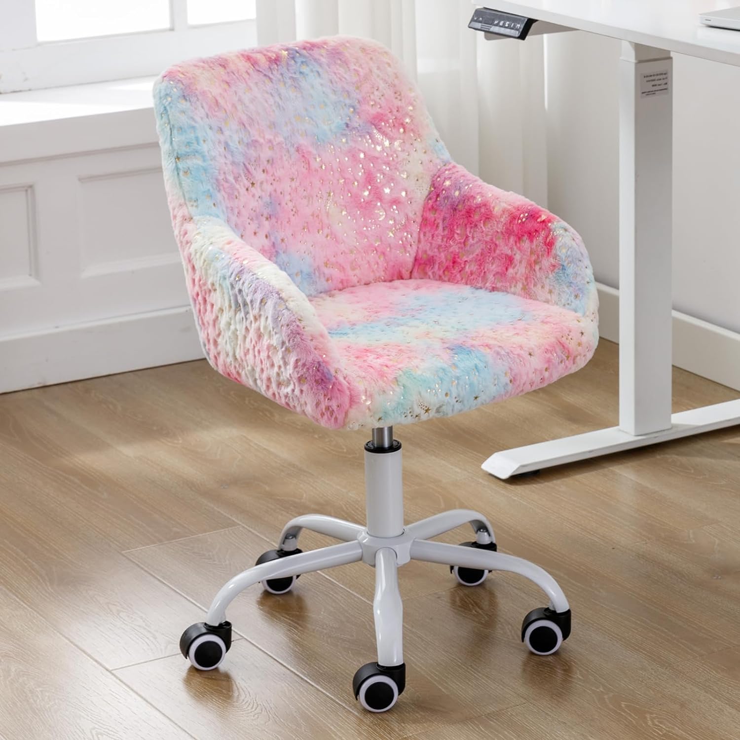 DUOMAY Kids Desk Chair, Faux Fur Colorful Upholstered Computer Chair for Boys and Girls, Cute Study Swivel Height Adjustable Arm Chair for Child