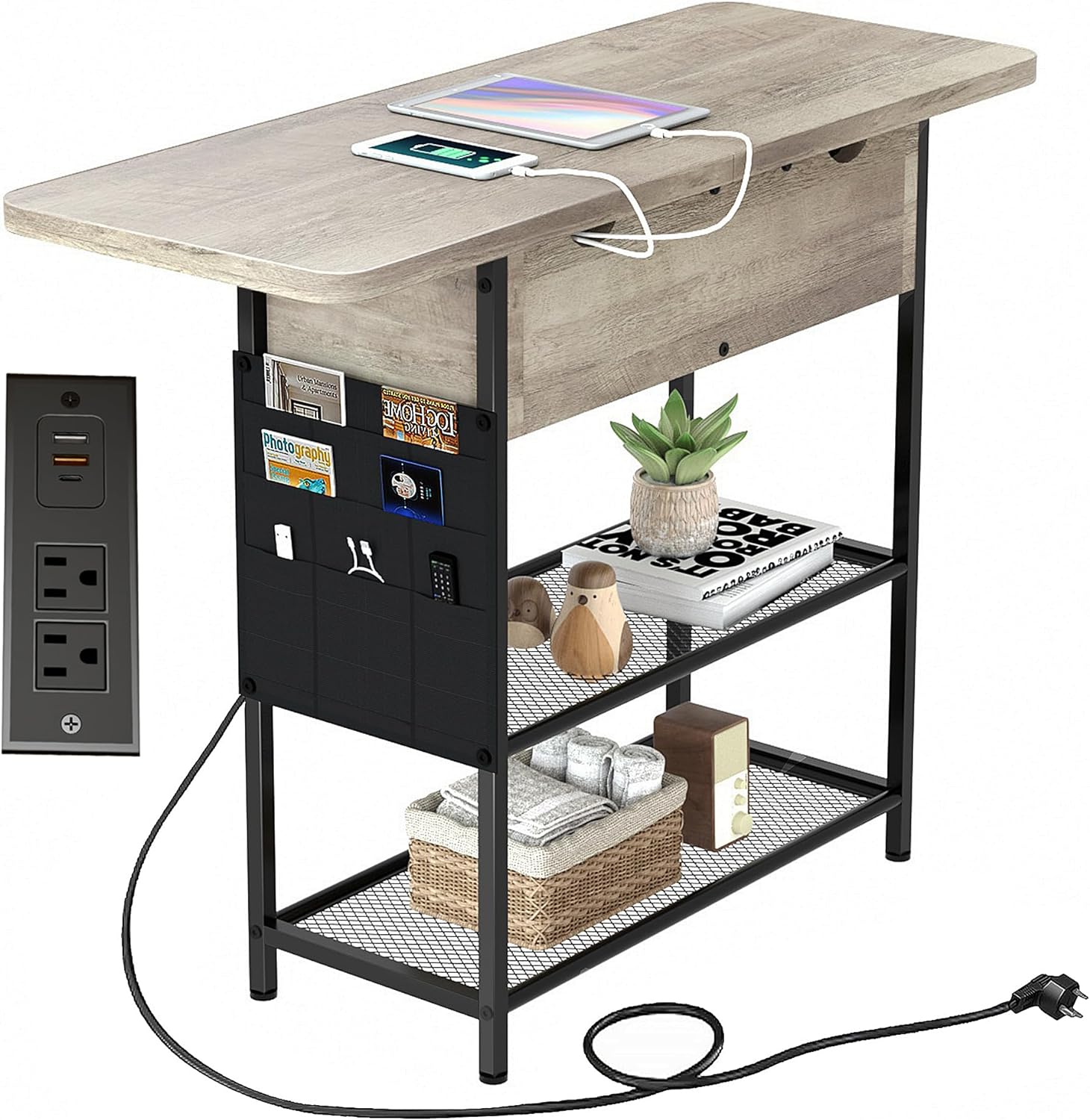 End Table Nightstand with Fast Charging Station, Flip Top Side Table with USB C Ports and Outlets, Sofa Couch Table Bedside Table for Living Room Bedroom and Small Space (Greige)