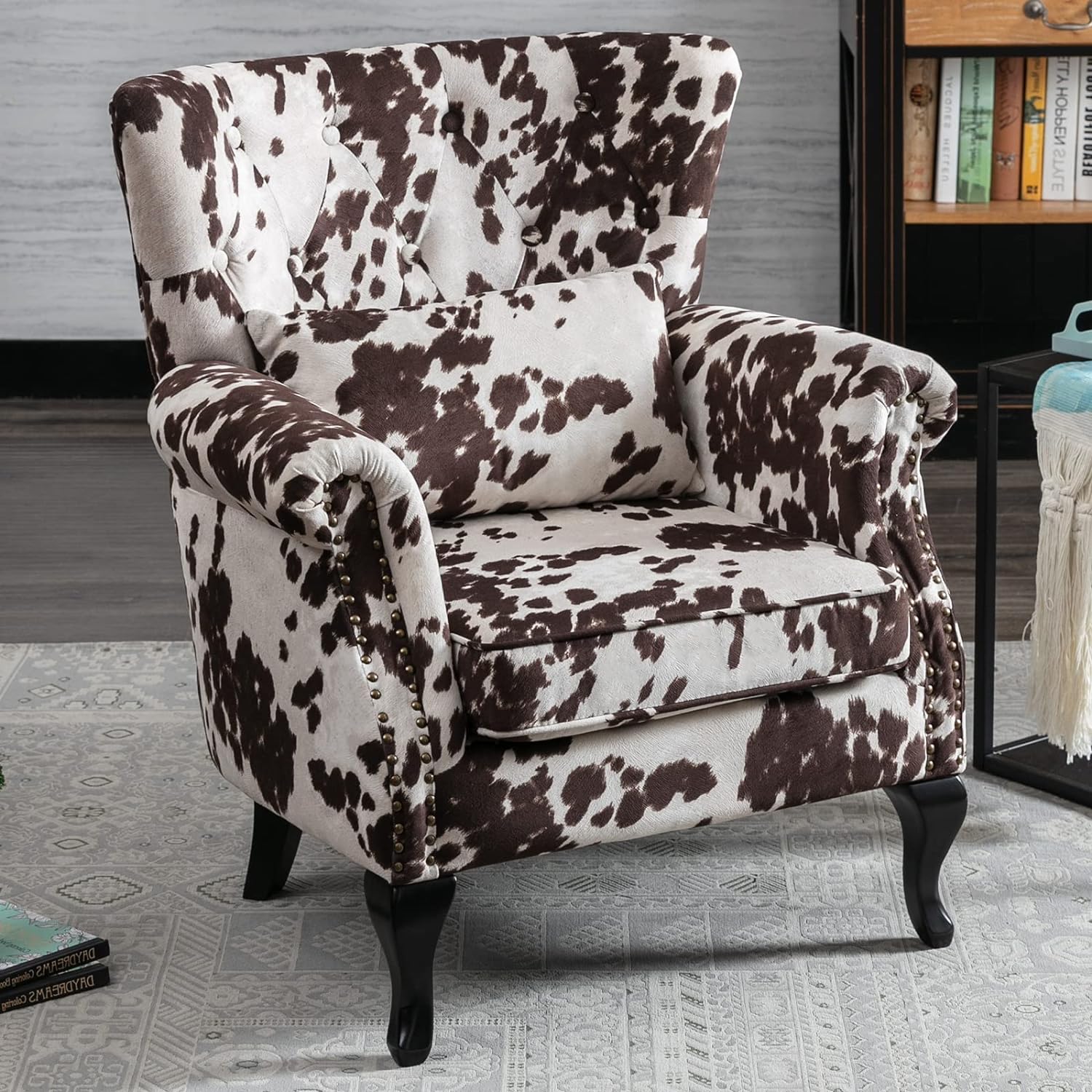 Accent Reading Arm Chairs for Living Room Bedroom, Midcentury Modern Comfy Corner Sofa Chair, Wingback Waiting Room Club Chair with Button Tufted Back &Lumbar Pillow, Fabric Cow