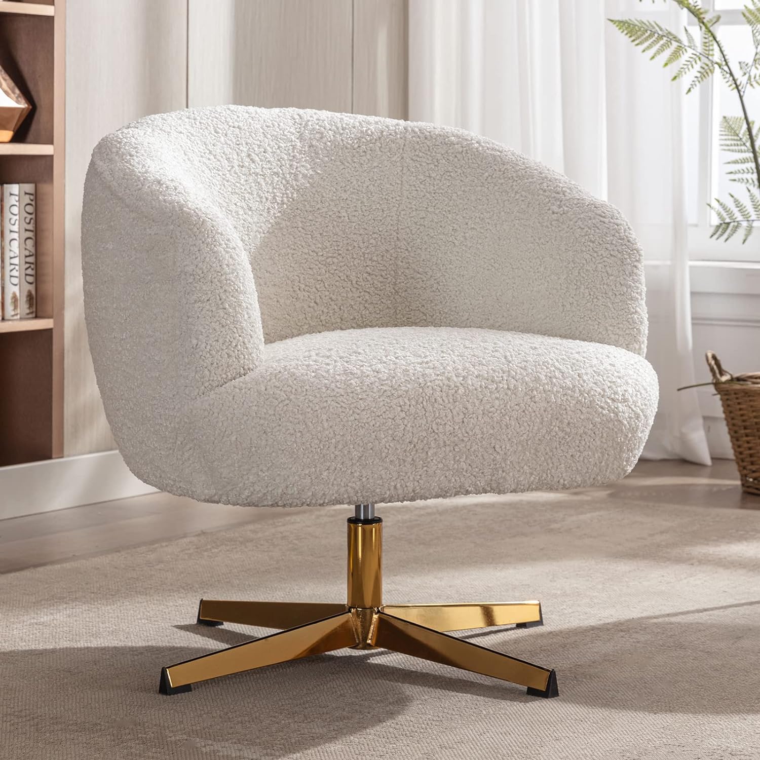 DUOMAY Swivel Accent Chair Armchair, Modern Faux Fur Round Barrel Chair with Gold Base for Living Room Bedroom Reading Room Office, White