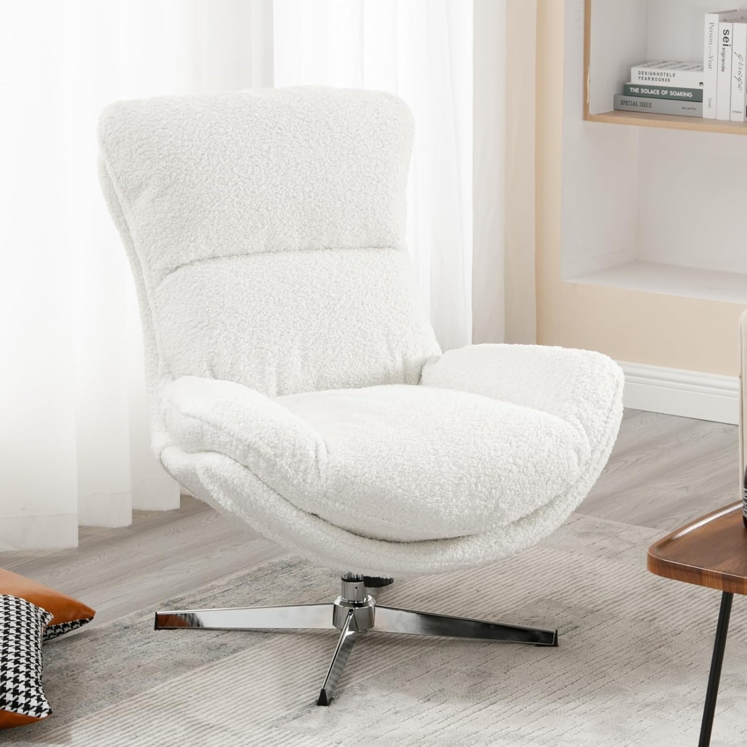 DUOMAY Swivel Accent Chair, Modern Sherpa Upholstered Lounge Chair with High Back, Comfy Rocker Chair for Living Room Bedroom Reading Room Office, Tilt & Swivel, Chrome Base, White