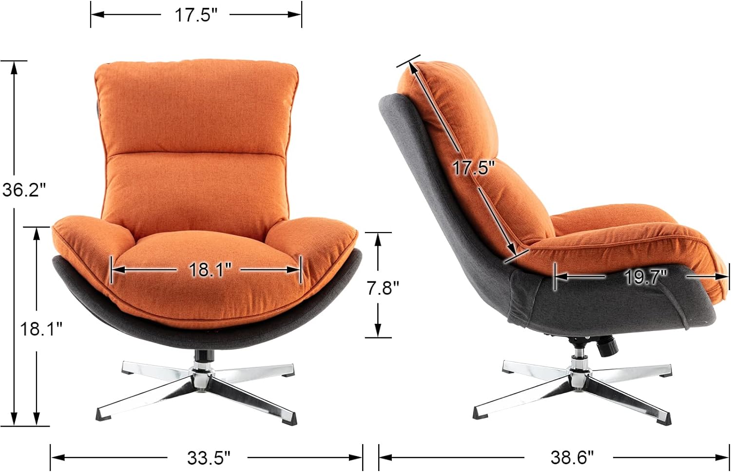 DUOMAY Swivel Lounge Chair Modern Linen Soft Accent Chair with Chrome Base, 34 Wide Relax Glider Rocker Chair for Living Room Bedroom Reading Room Office, Orange