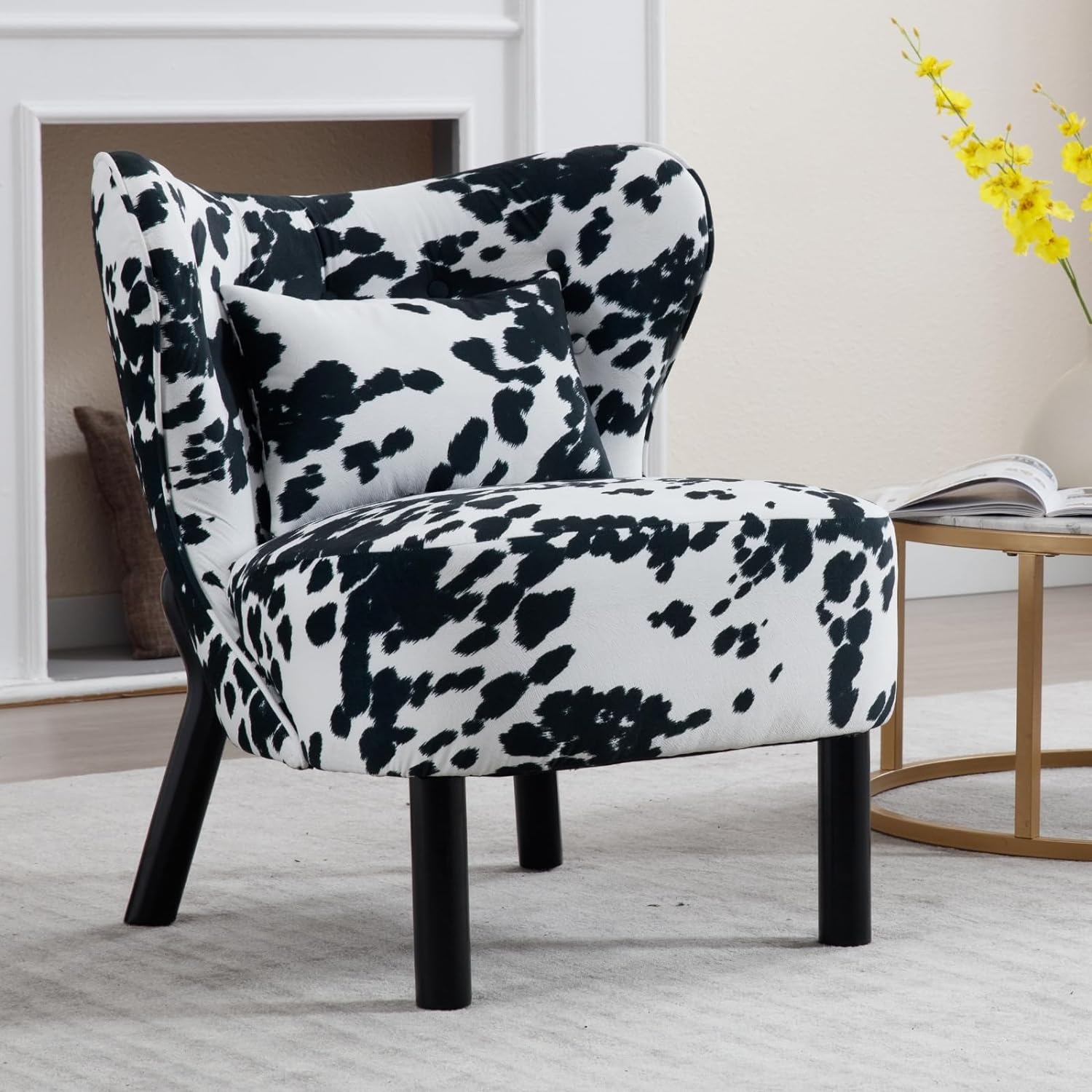 DUOMAY Modern Accent Chairs, Velvet Upholstered Reading Chair with Curved Back, Single Sofa Chair with Lumbar Pillow Wood Legs Slipper Chair for Living Room Bedroom Office, Cow Print