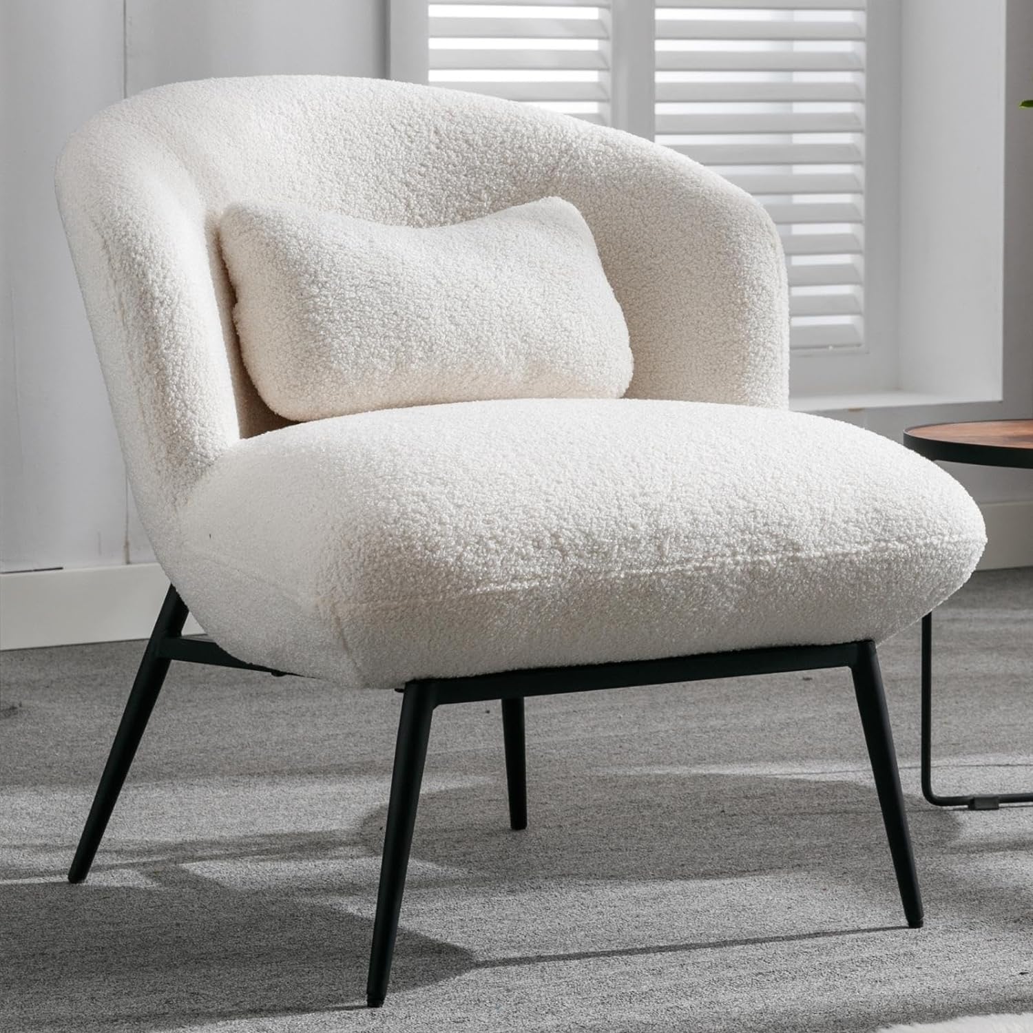 DUOMAY Modern Accent Chair, Sherpa Upholstered Leisure Chair Boucle Single Sofa Chair Lounge Chair with Lumbar Pillow Metal Legs Slipper Chair for Living Room Bedroom Office, White