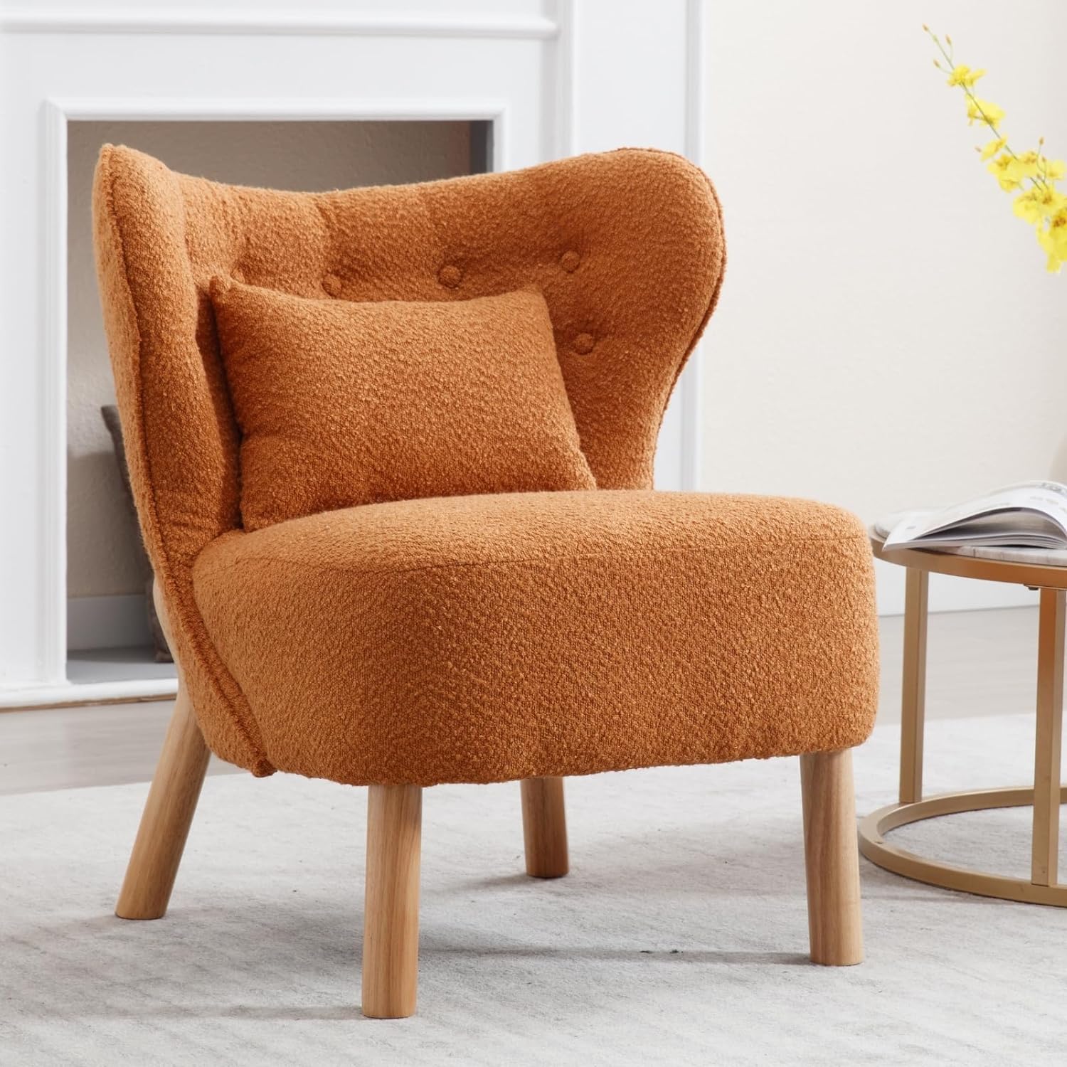 DUOMAY Modern Accent Chairs, Sherpa Upholstered Reading Chair with Curved Back, Single Sofa Chair with Lumbar Pillow Wood Legs Slipper Chair for Living Room Bedroom Office, Orange