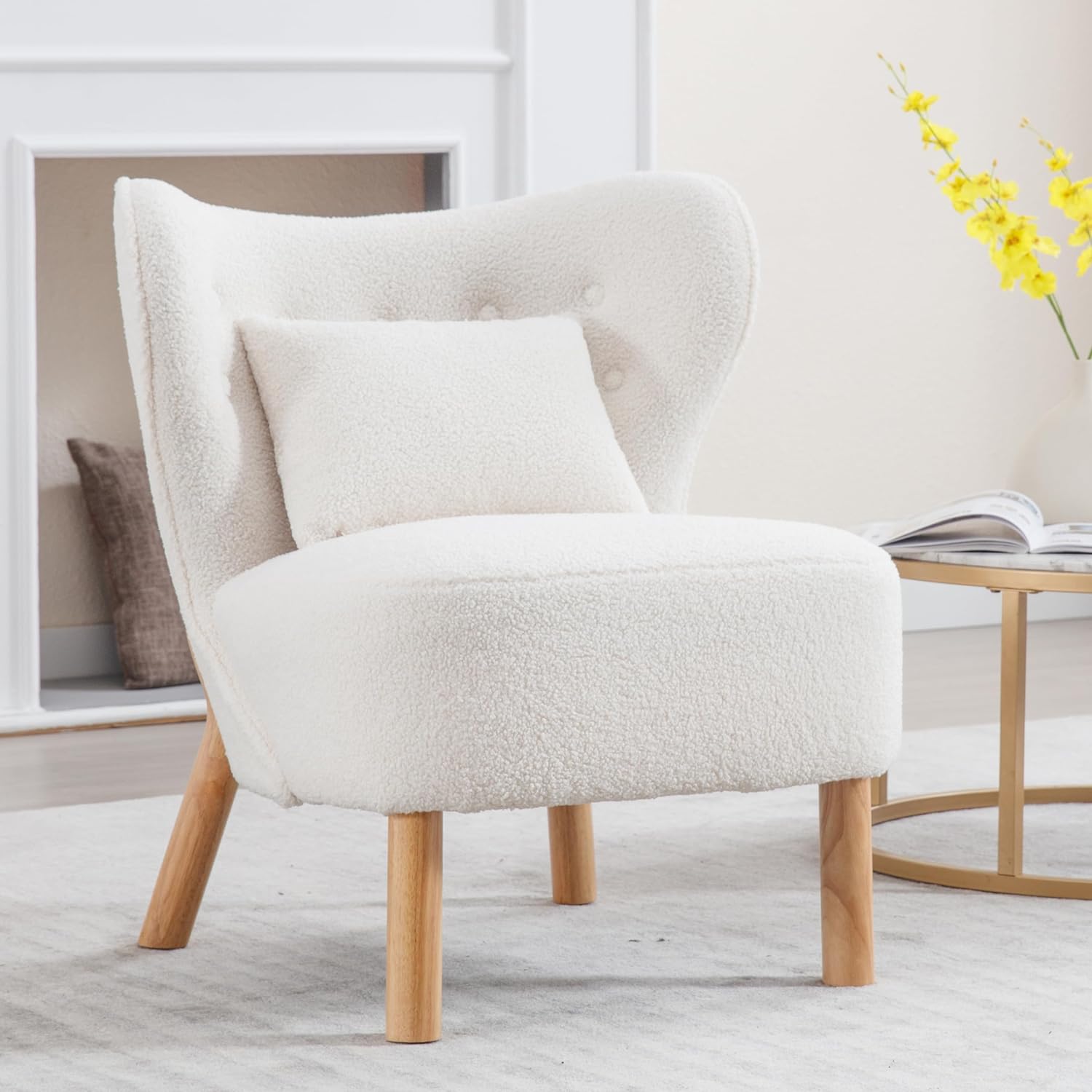 DUOMAY Modern Accent Chairs, Sherpa Upholstered Reading Chair with Curved Back, Boucle Single Sofa Chair with Lumbar Pillow Wood Legs Slipper Chair for Living Room Bedroom Office, White