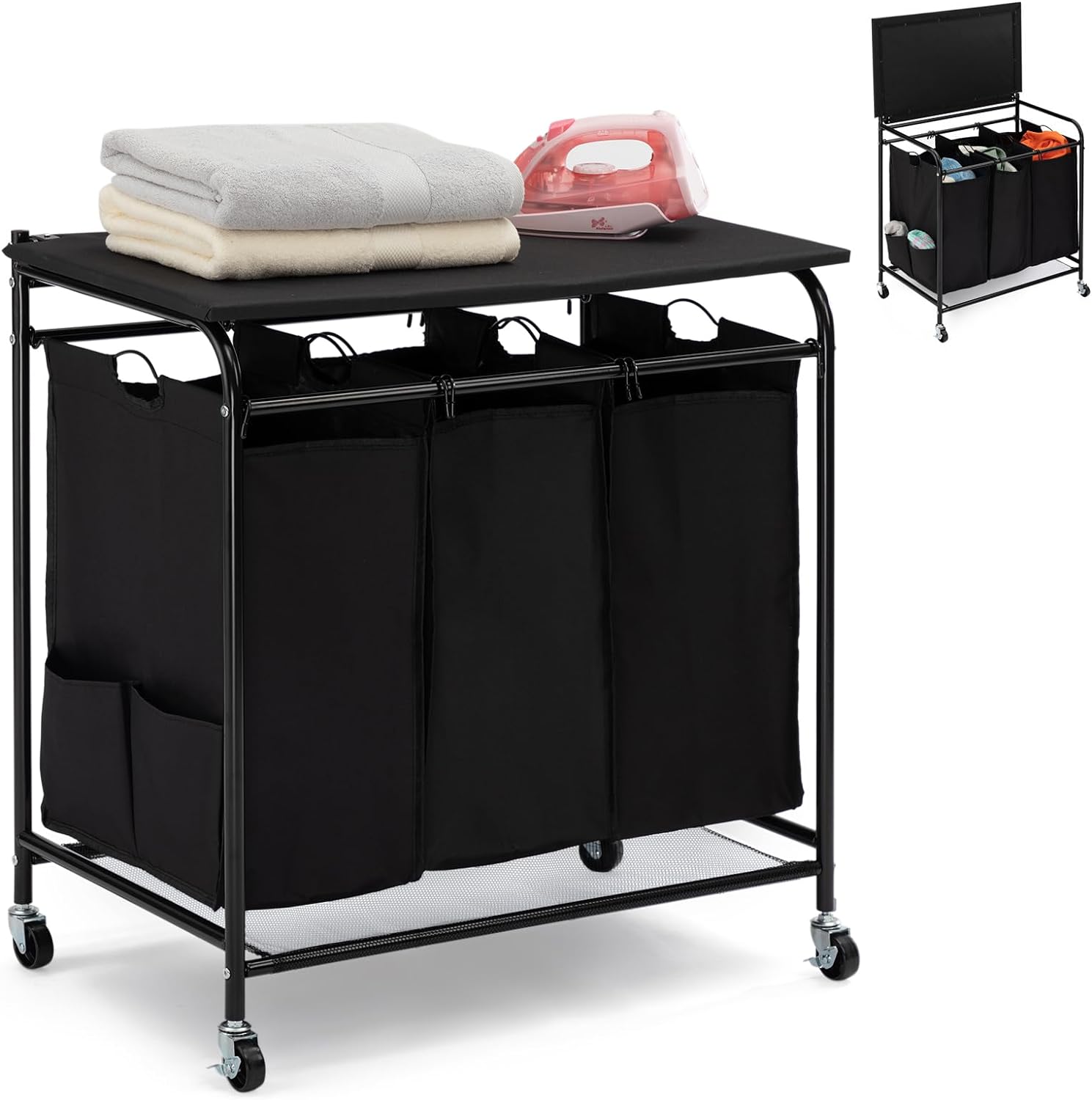 HollyHOME Laundry Sorter Cart with Foldable Ironing Board with Removable 3 Bags Laundry Hamper Sorter with Small cloth bags on both sides Black