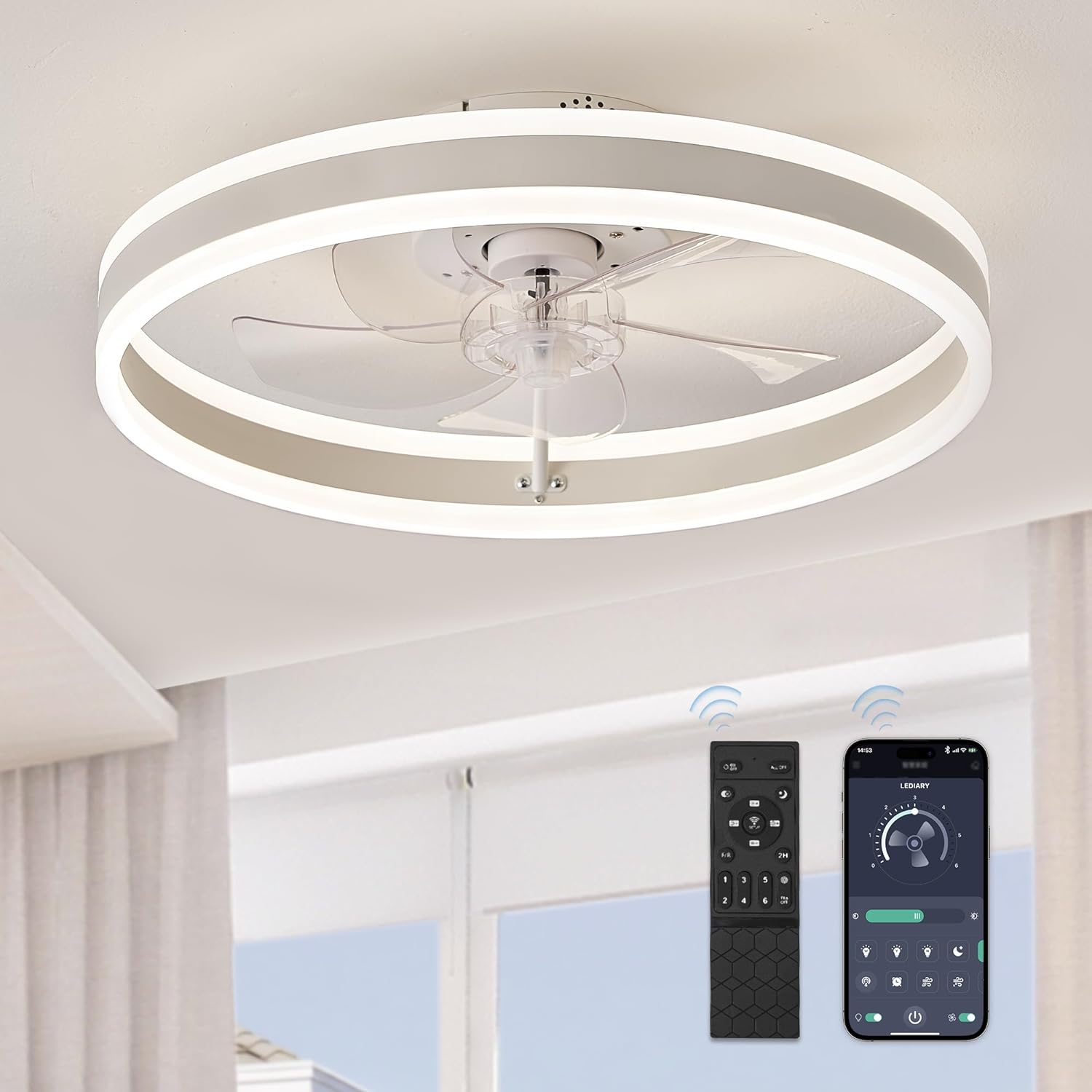 LEDIARY Low Profile Ceiling Fans with Lights, Flush Mount Modern Ceiling Fan and Remote Control, 19.7 LED Bladeless Ceiling Fans, Stepless Dimmable 3 Colors and 6 Speeds - White