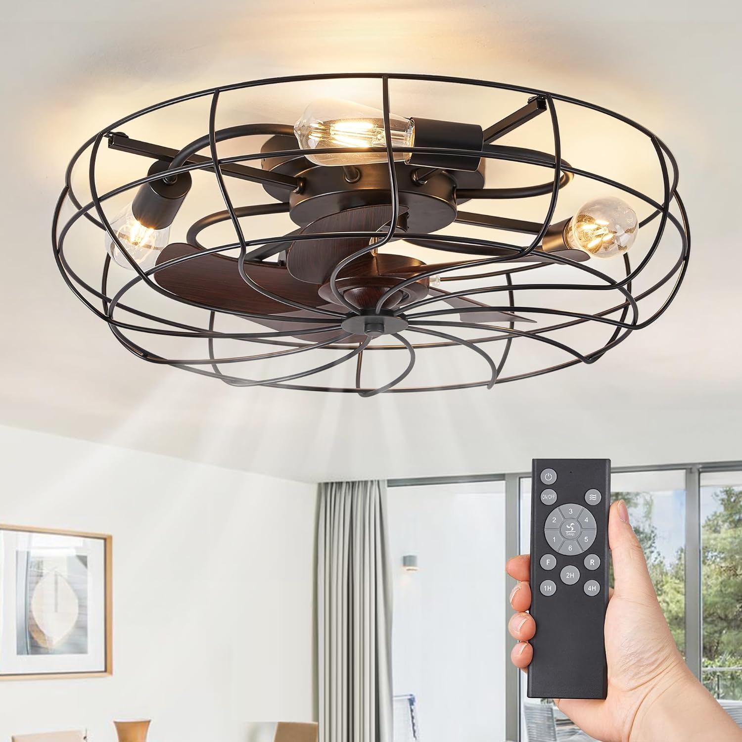 LEDIARY 23 Inch Caged Ceiling Fan with Light, Flush Mount Low Profile Ceiling Fan with Remote Control, Farmhouse Industrial Bladeless Ceiling Fan for Bedroom, Kitchen, Indoor