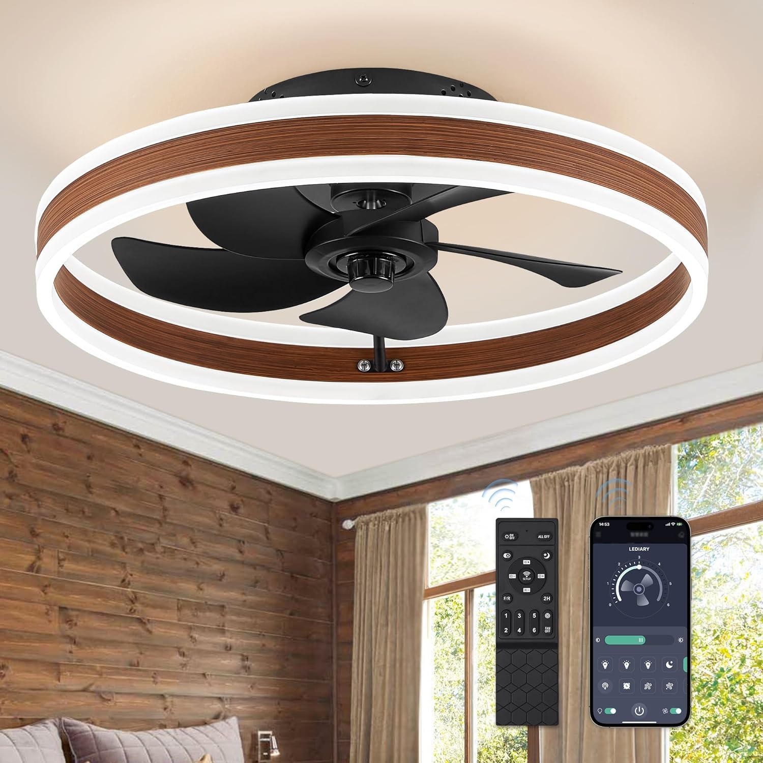 LEDIARY Low Profile Ceiling Fans with Lights, Flush Mount Modern Ceiling Fan and Remote Control, 19.7 LED Bladeless Ceiling Fans, Stepless Dimmable 3 Colors and 6 Speeds - Walnut