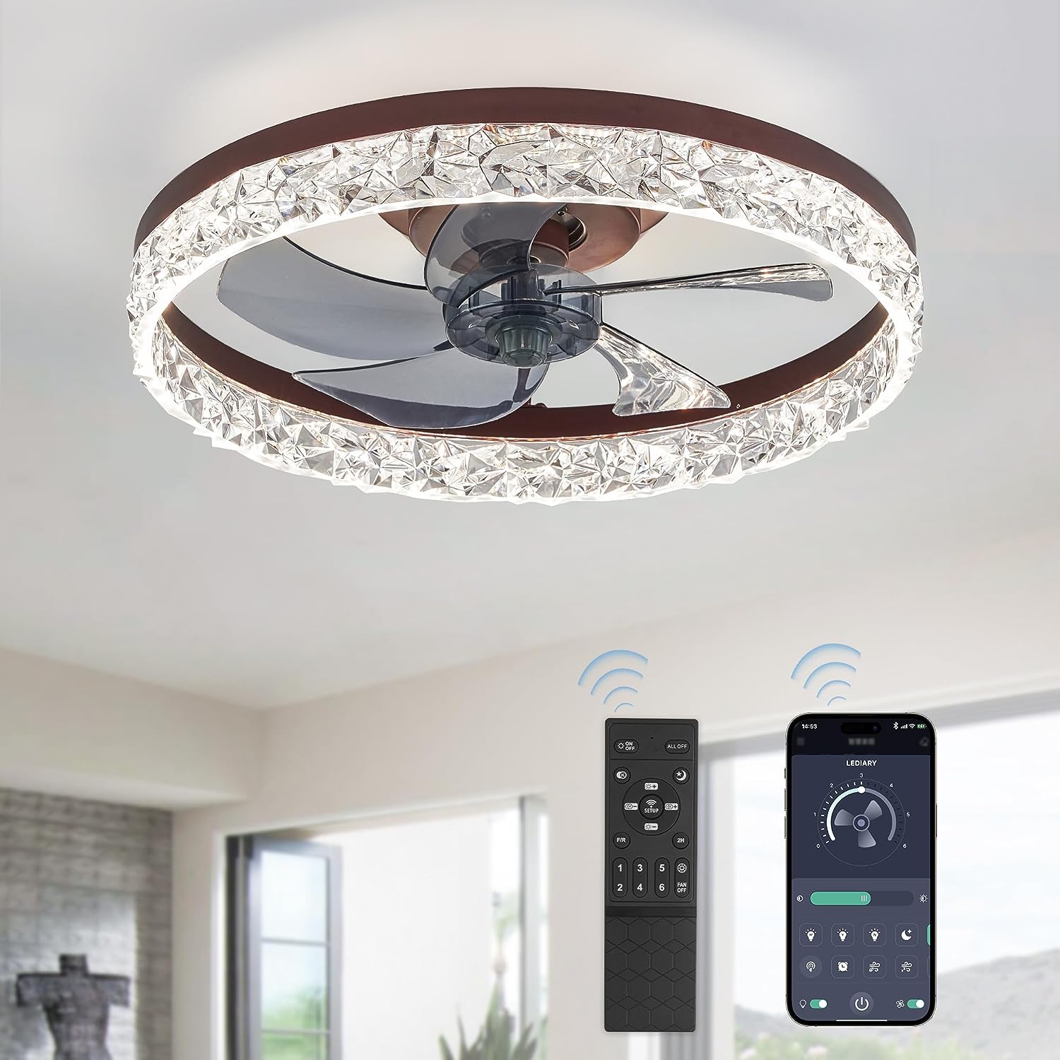 LEDIARY 20 Modern Ceiling Fans with Lights and Remote, Dimmable Low Profile Ceiling Fan, Flush Mount Bladeless Ceiling Fan, Stepless Color Temperature Change and 6 Speeds - Brown