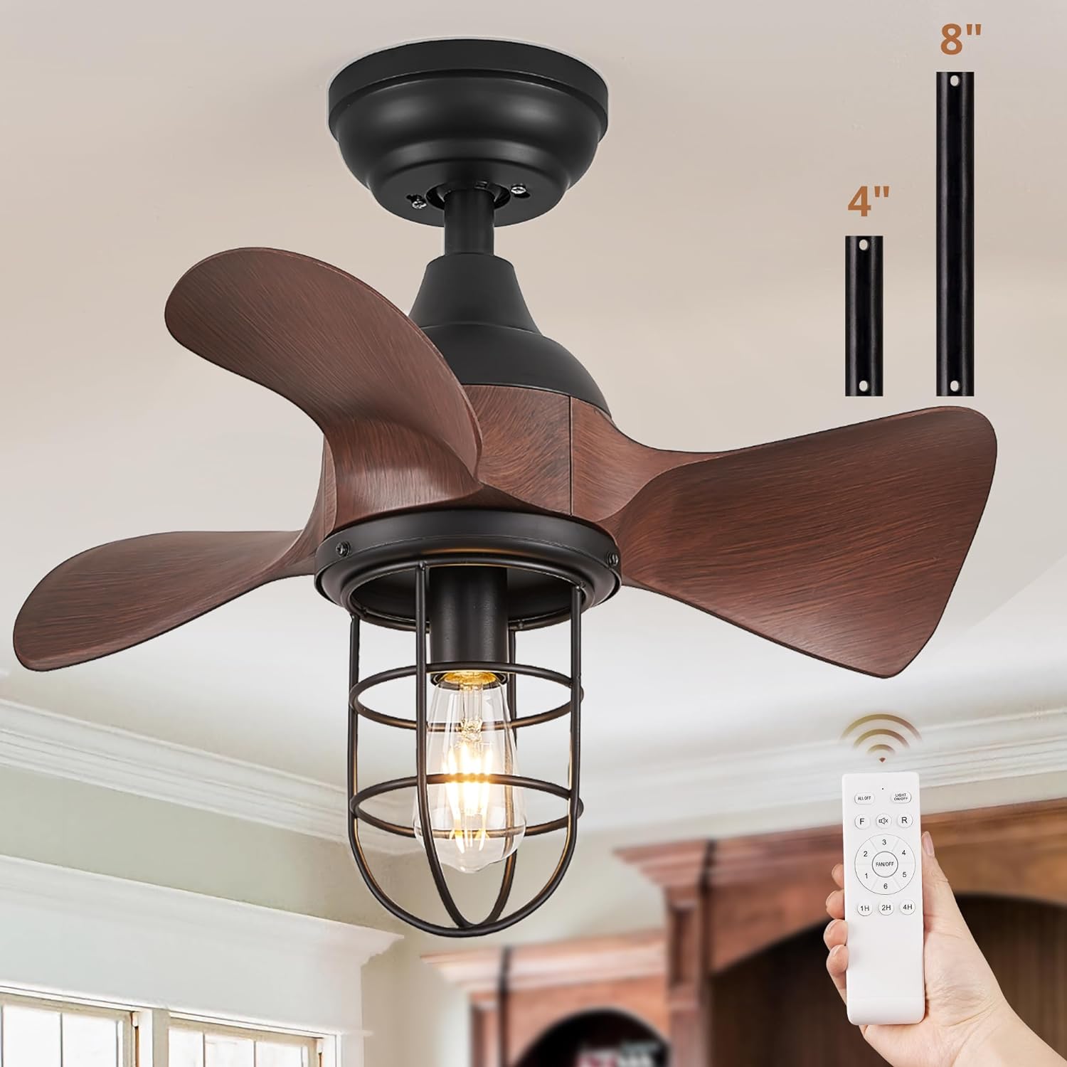 LEDIARY 23 Farmhouse Ceiling Fans with Lights - 6 Speeds Caged Ceiling Fan with Light, Small Ceiling Fan with Remote Control, Time Setting, 3 Reversible Blades for Indoor/Outdoor (Bulb Not Included)