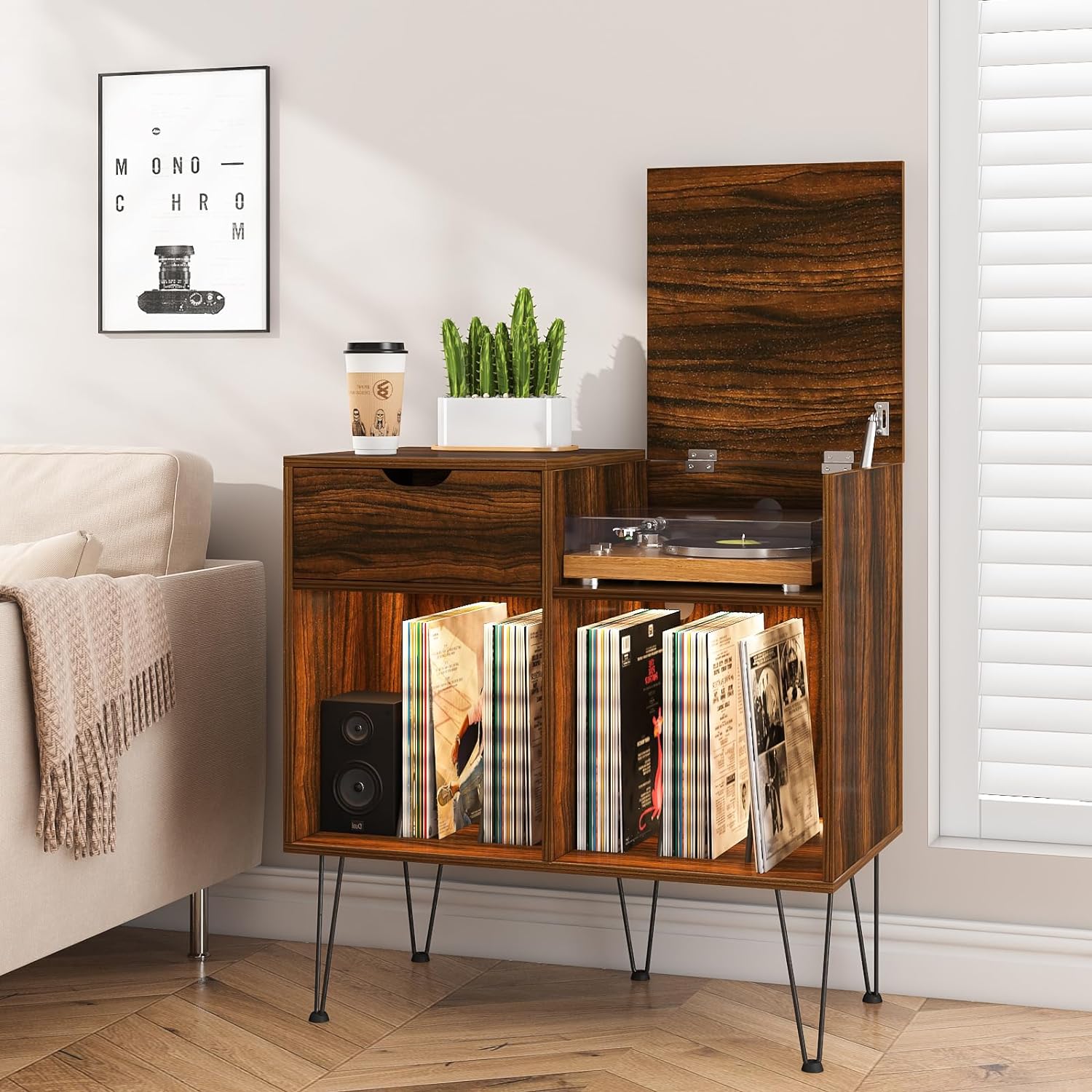 HOMMPA Record Player Stand with LED Light Large Record Player Table with Vinyl Record Storage Holder 31.8 Tall Mid Century Turntable Stand for Living Room Table with Drawer Flap Open Storage Brown