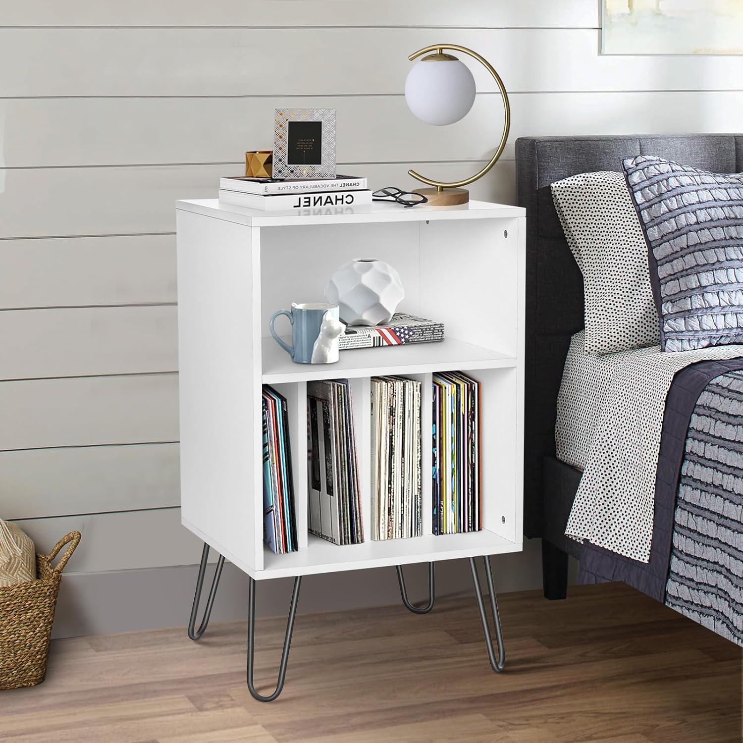 HOMMPA Record Player Stand Record Storage Stand Vinyl Record Storage Cabinet with Metal Hairpin Legs Record Player Table Holds Up to 150 Albums for Living Room Bedroom White