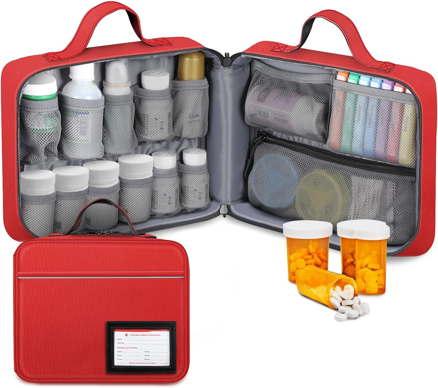 SITHON Pill Bottle Organizer Medicine Storage Bag Medication Travel Carrying Case Manager with Handle, Fixed Pockets for Medications, Vitamins, Medical Supplies, Red