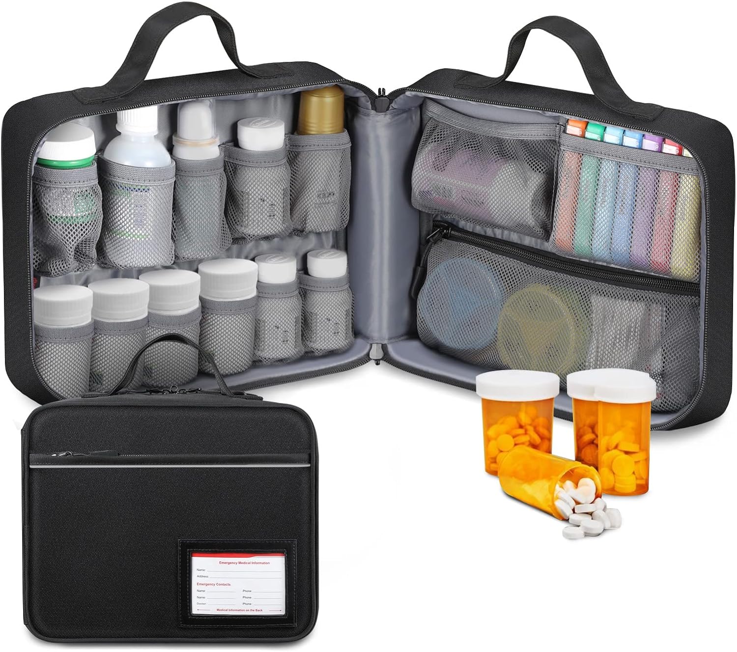 SITHON Pill Bottle Organizer Medicine Storage Bag Medication Travel Carrying Case Manager with Handle, Fixed Pockets for Medications, Vitamins, Medical Supplies, Black