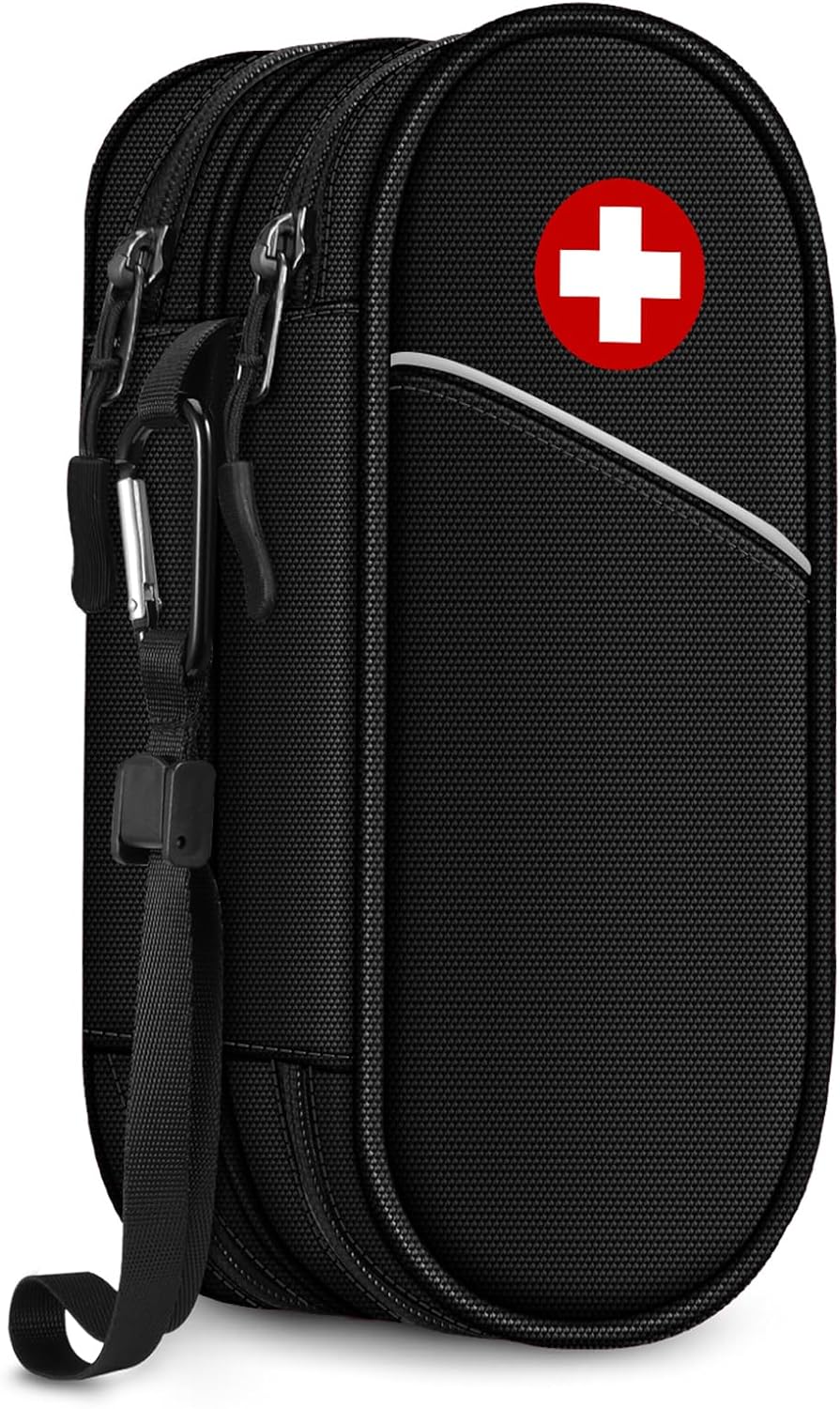 SITHON Double-Layer Epipen Carrying Case, Travel Medication Organizer Bag Emergency Medical Pouch Holds 2 EpiPens, Asthma Inhaler, Anti-Histamine, Auvi-Q, Allergy Medicine Essentials (Black)