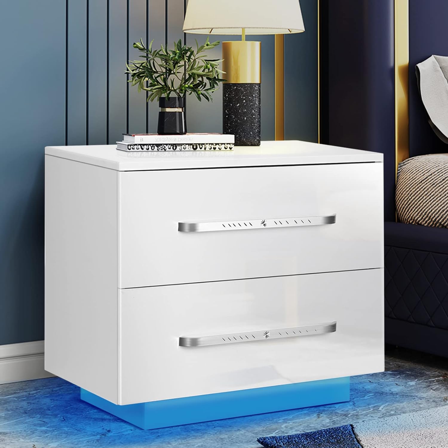 HOMMPA Small LED Nightstand Modern White Led Bedside Table with Led Lights Wood Nightstand with 2 Drawers High Gloss Night Stand for Bedroom 19.7 Tall