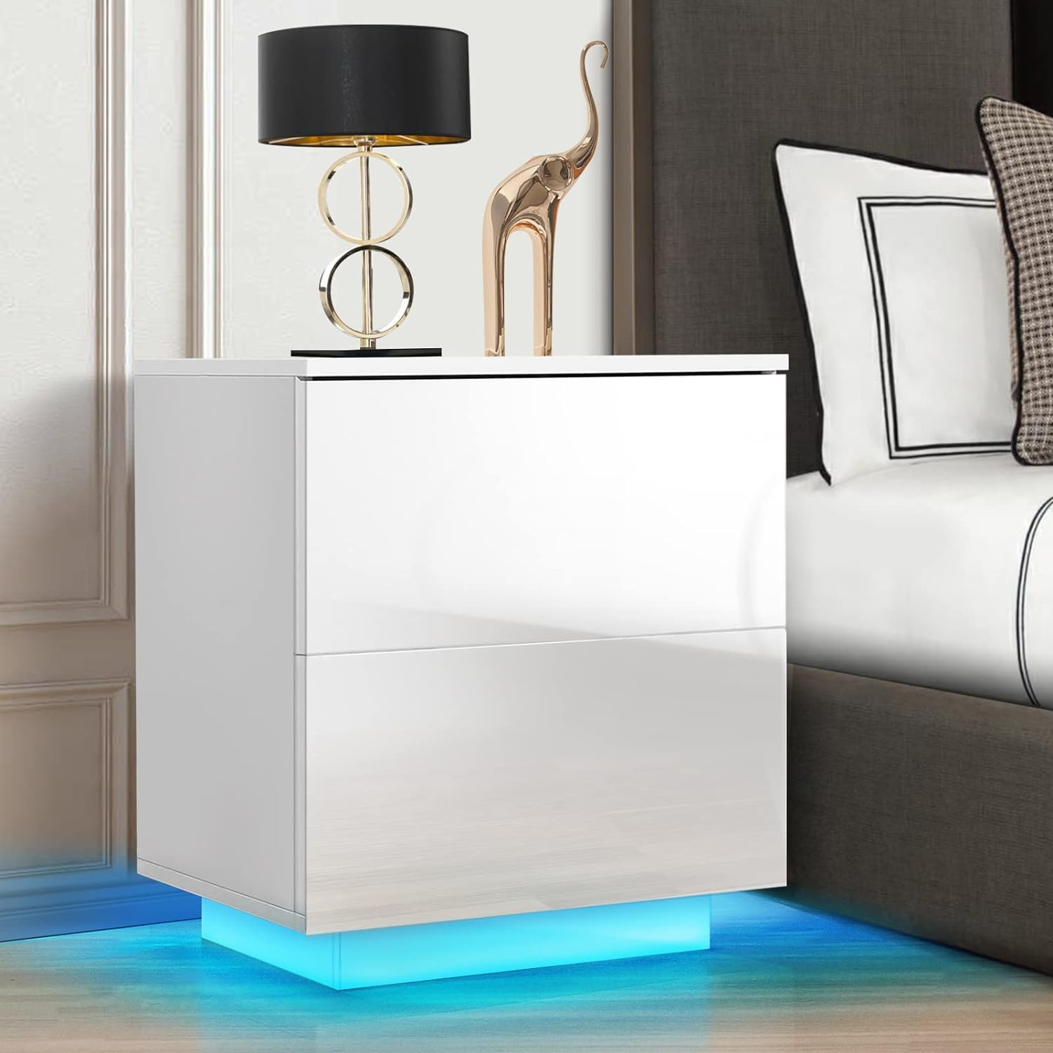 HOMMPA LED Nightstand with 2 High Gloss Drawers Modern Night Stand White End Table Night Table with Storage Cabinet Bedside Table for Bedroom Furniture