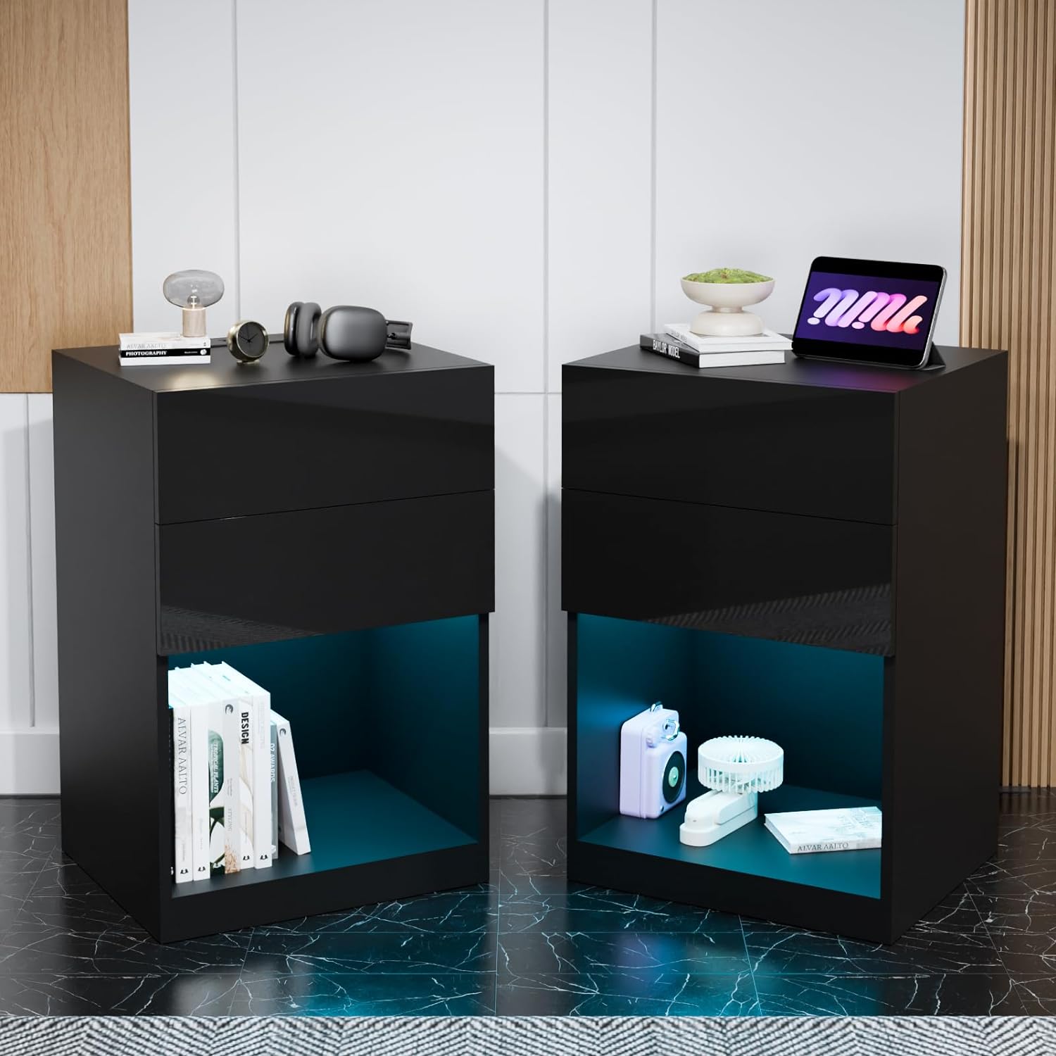 HOMMPA Set of 2 Open Shelf LED Nightstand with Charging Station Black Bedside Table 2 Drawers Night Stand with Storage Smart Nightstands High Gloss Night Table with Led Light for Bedroom 26.77in Tall