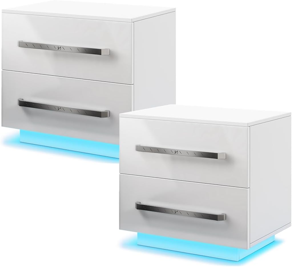 HOMMPA Small LED Nightstand Set of 2 White Nightstand with LED Light Modern Matte LED Bedside Table Night Stand with High Gloss Drawers for Bedroom Nightstand Furniture Set 19.7 Tall