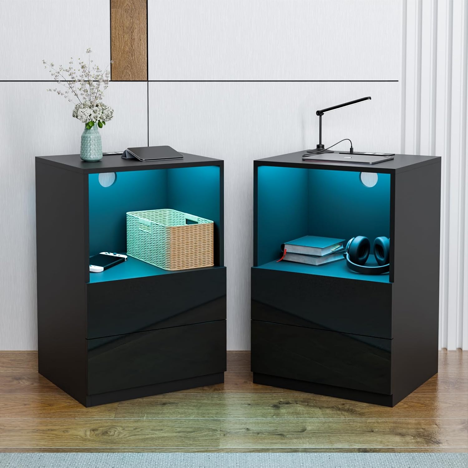 HOMMPA Set of 2 Open Shelf LED Nightstand with Charging Station Bedside Table with 2 Drawers Night Stand Black High Gloss Night Table with Led Light Smart Nightstands for Bedroomm 26.77in Tall