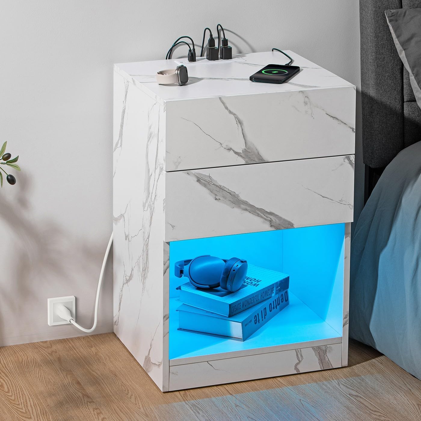 HOMMPA Open Shelf LED Nightstand with Charging Station White Marble Bedside Table with 2 Drawers Night Stand with Storage Smart Nightstands High Gloss Night Table with Led Light for Bedroom