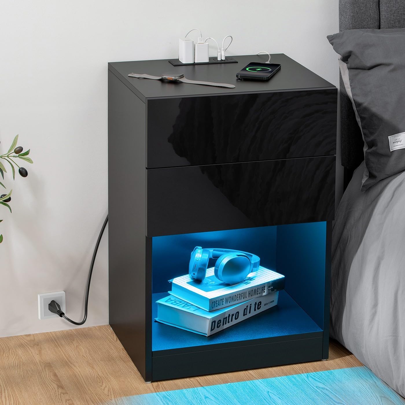 HOMMPA Open Shelf LED Nightstand with Charging Station Black Bedside Table with 2 Drawers Night Stand with Storage Smart Nightstands High Gloss Night Table with Led Light for Bedroom 26.77in Tall