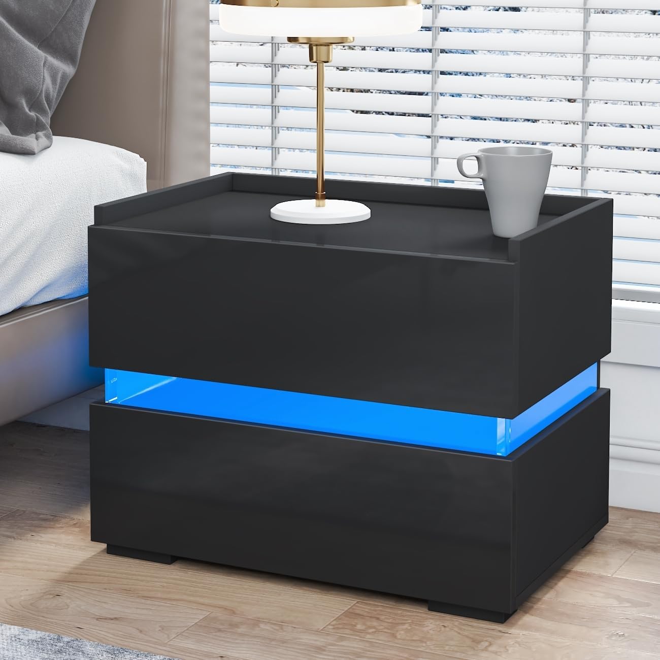 HOMMPA LED Nightstand with 2 Drawers Modern Nightstand Black with Border Tabletop High Gloss Night Table LED Bedside Table with 16 Colors LED End Table Smart Nightstand for Bedroom Furniture