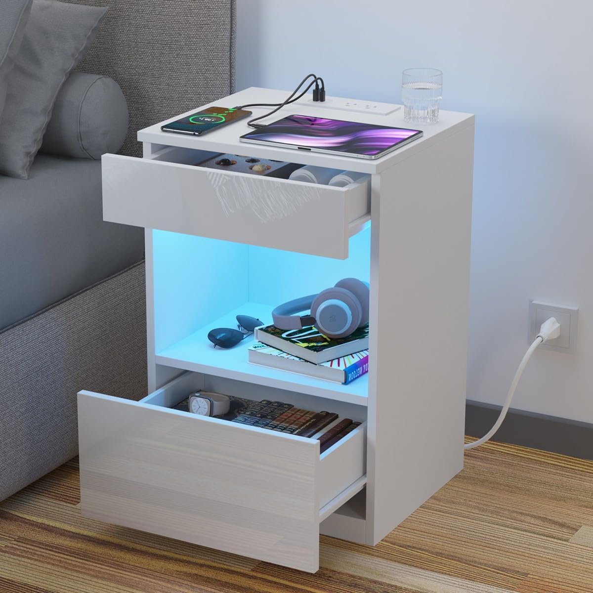 HOMMPA Open Shelf LED Nightstand with Charging Station 2 Drawers Bedside Table White Night Stand with Storage Smart Nightstands High Gloss Night Table with Led Light for Bedroom Furniture