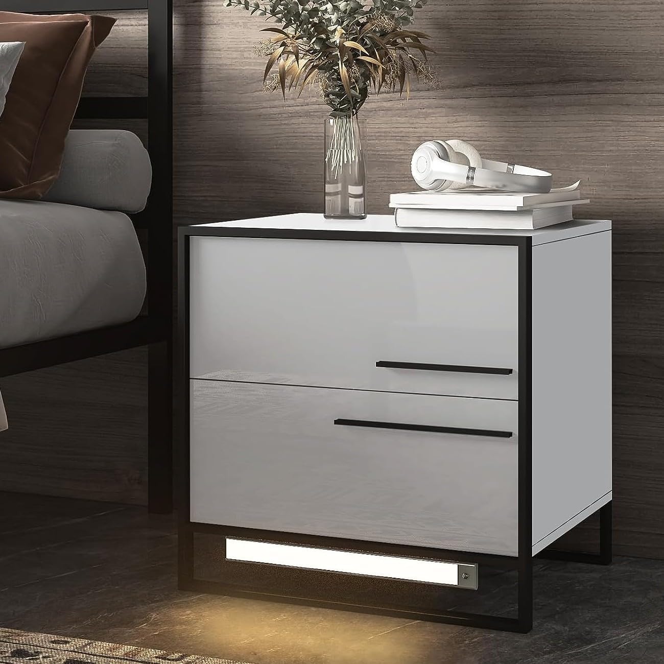 HOMMPA Auto LED Nightstand with 2 High Gloss Drawers Grey Nightstand with Infrared Sensor Lights 3 Colors Adustable Brightness Led Bedside Table with Metal Frame Night Stand for Bedroom