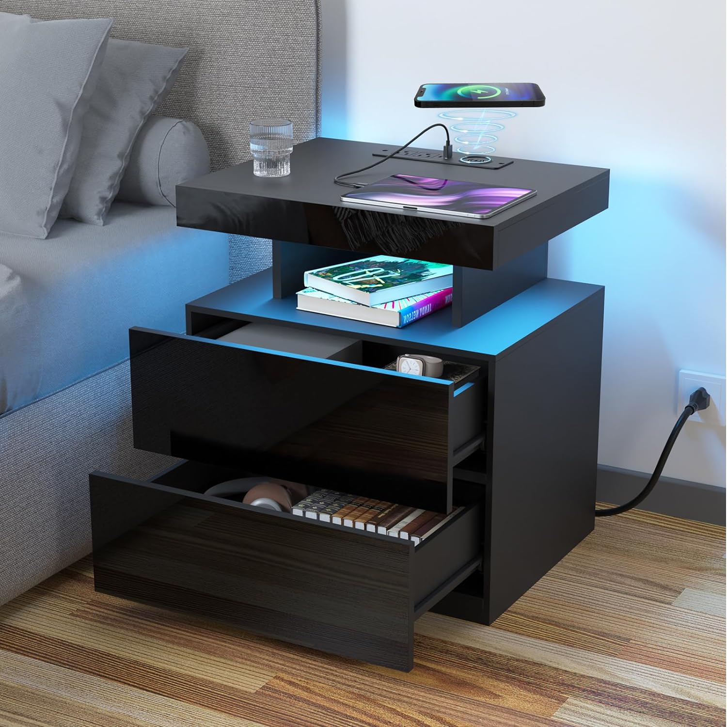 HOMMPA Black LED Nightstand with Wireless Charging Station 2 Outlets USB Port Type C Bedside Table Smart LED Nightstand Tall 2 Drawers Night Table with Light High Gloss Night Stand for Bedroom