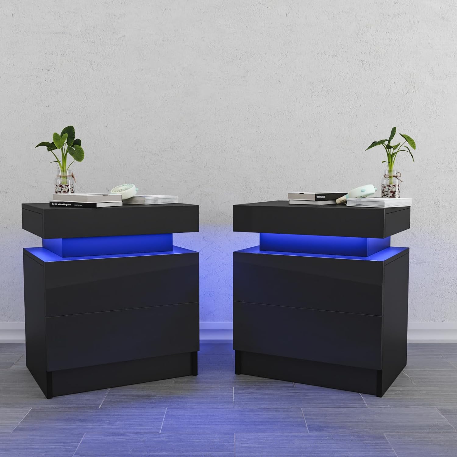 HOMMPA Set of 2 LED Nightstands Black Nightstand with Led Lights Modern Night Stand with 2 High Gloss Drawers Led Bedside Table Smart Nightstand for Bedroom 20.5 Tall