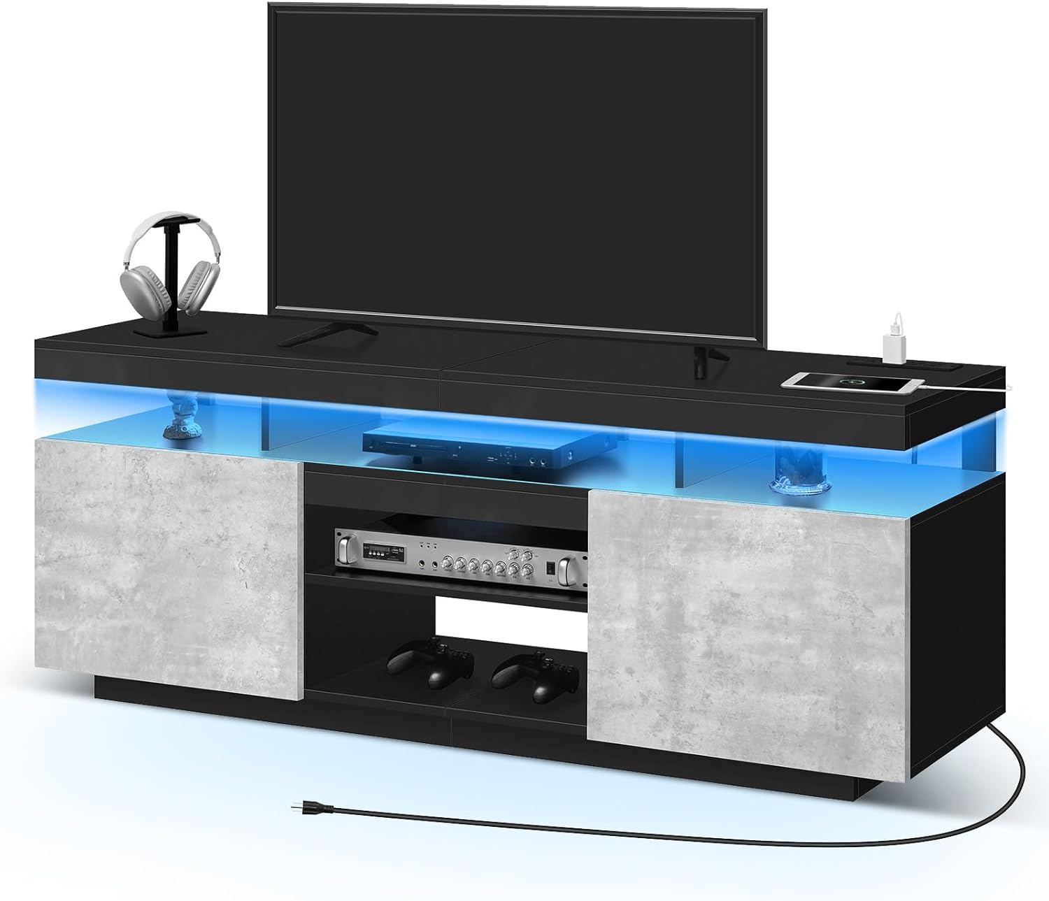 HOMMPA LED TV Stand with Power Outlets for up to 70 TV Modern Entertainment Center with Storage, Gaming TV Consoles with LED Lights Game Cabinet for Living Room Grey& Black