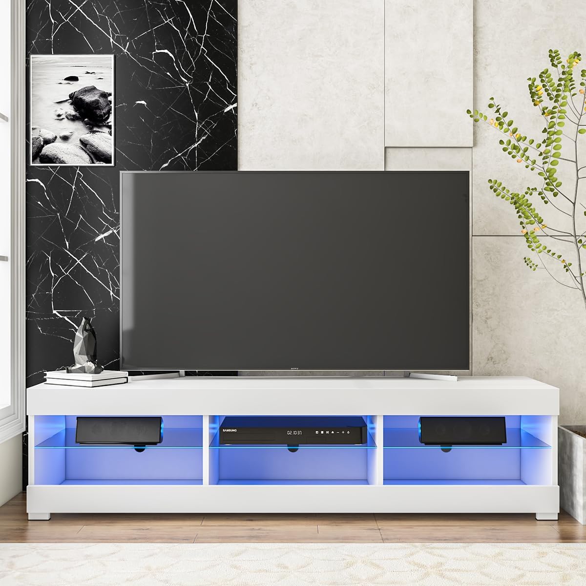 HOMMPA LED TV Stand with LED Lights for 65 inch TV Modern Entertainment Center with Storage 57 White TV Console with Glass Shelves for Living Room 15 Tall