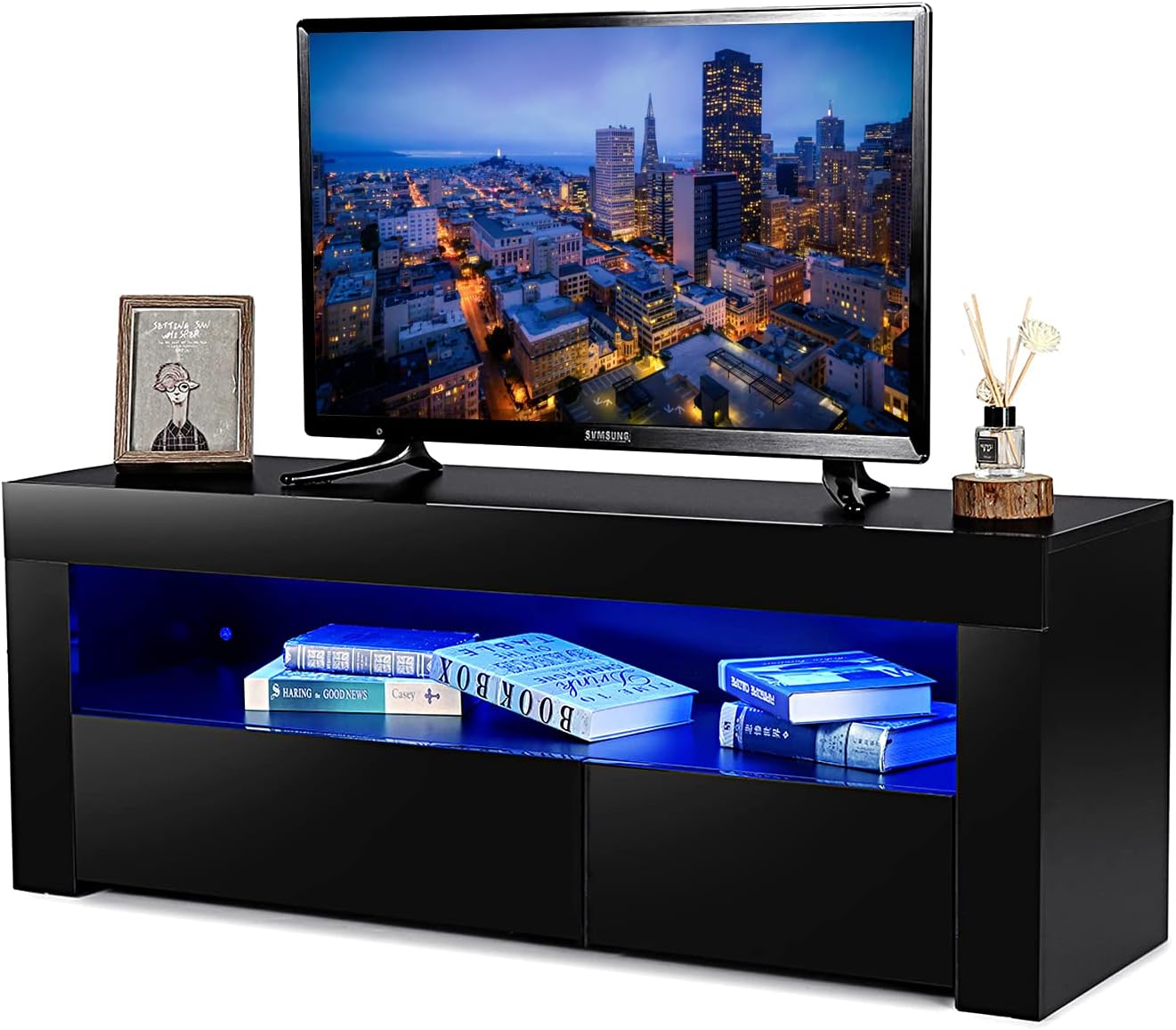 HOMMPA LED TV Stand for 55 inch TVs Modern Black TV Stand Entertainment Center Media Console with Color Change Lighting TV Console Table with 2 Storage Drawer and Shelf for Living Room Bedroom