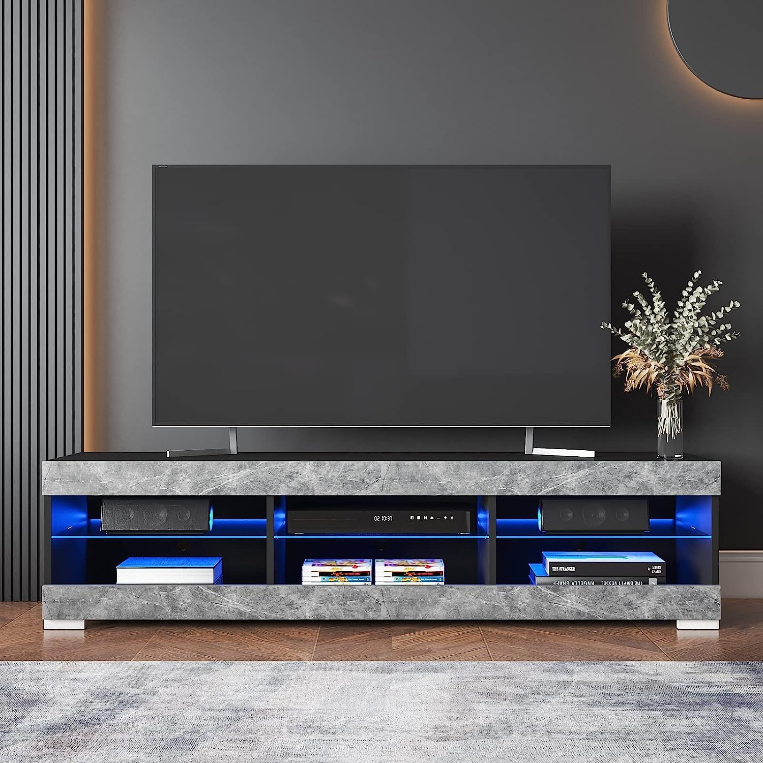 HOMMPA LED TV Stand for 65 inch TV Grey Black TV Stand with Led Lights Modern TV Entertainment Center with Glass Shelves TV Media Console for Living Room